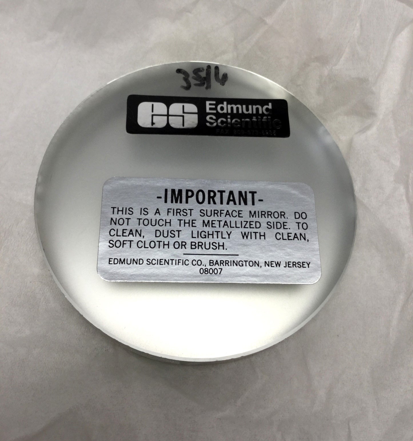 Used Edmund Optics 32-830 Focusing Concave Ø3" Spherical Mirror f/6 Aperture, 18" EFL