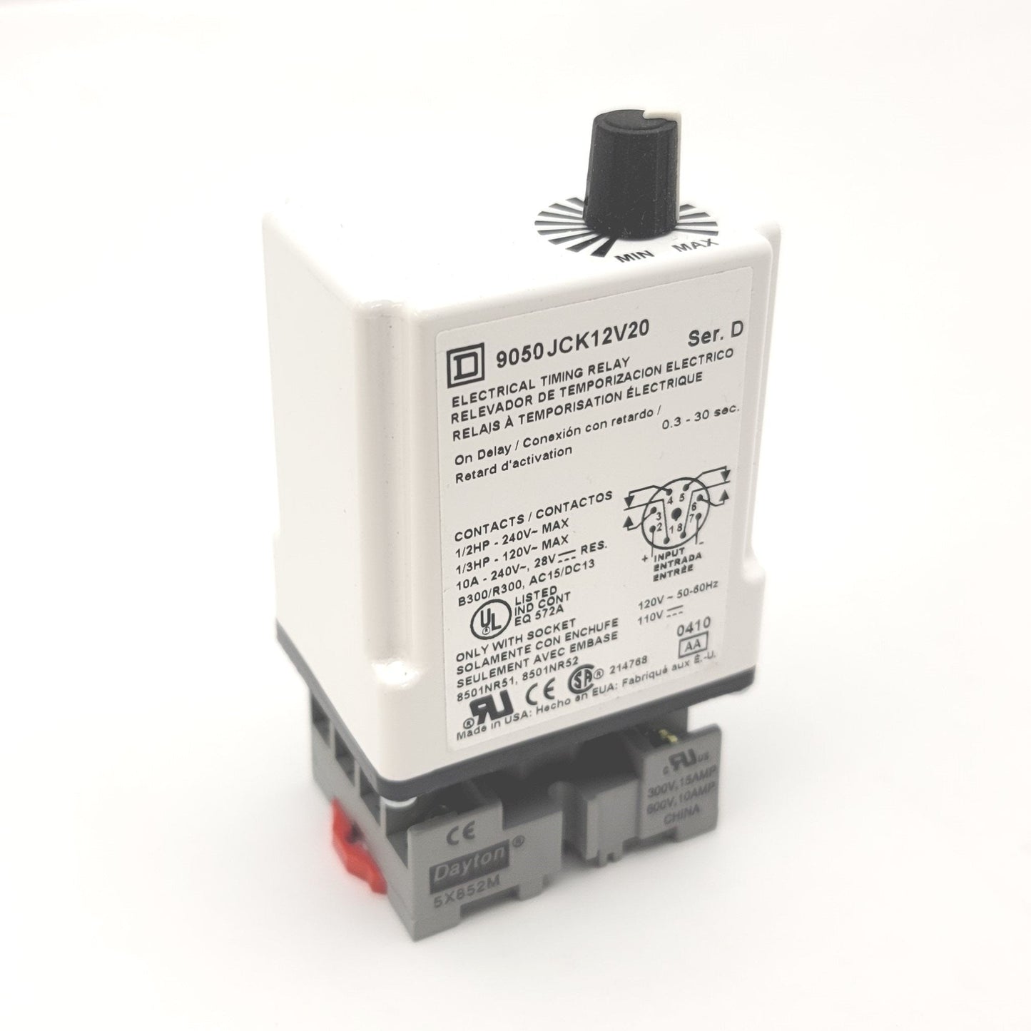 Used Square D 9050JCK12V20 Electrical Timing Relay On Delay 0.3-30sec 10A 240VAC