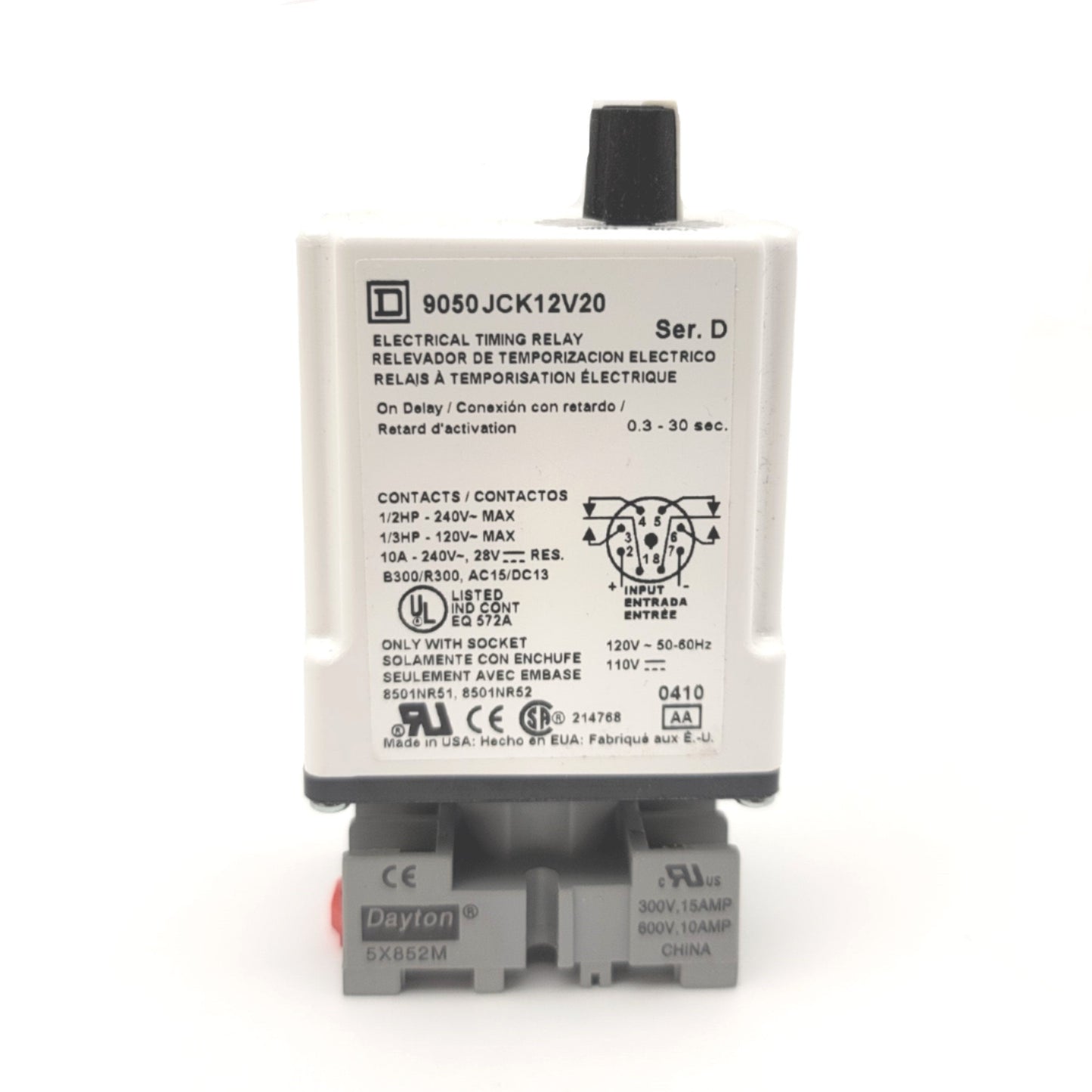 Used Square D 9050JCK12V20 Electrical Timing Relay On Delay 0.3-30sec 10A 240VAC