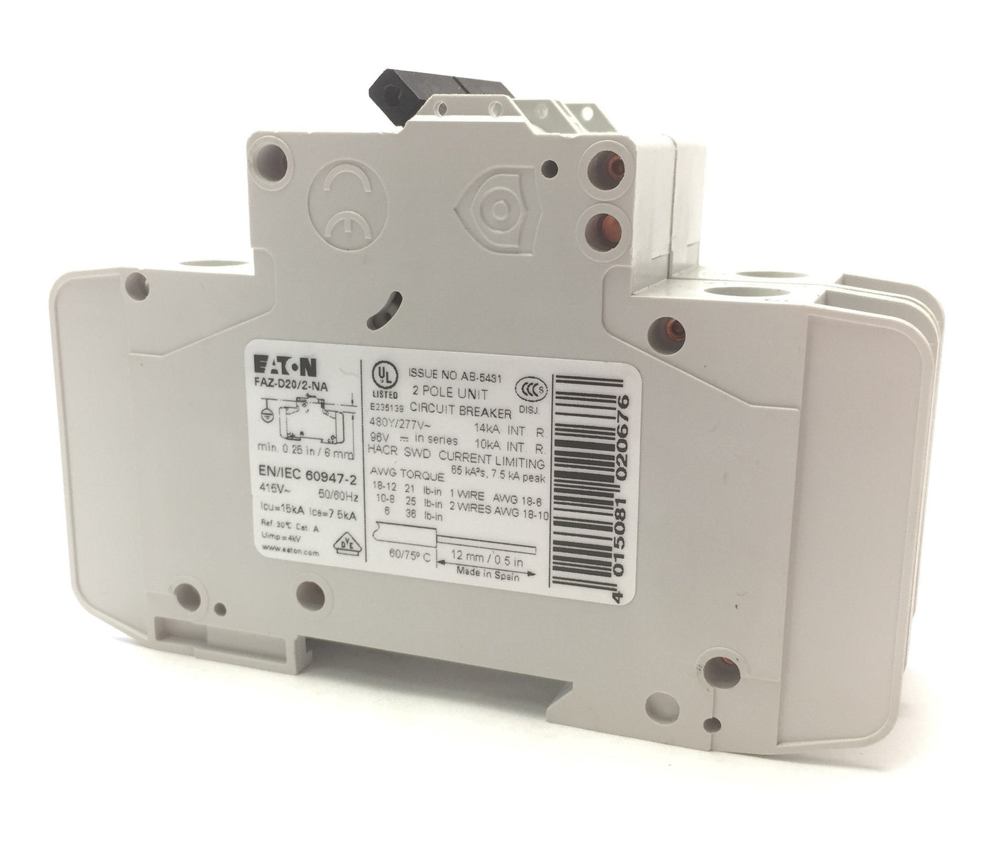 Used Eaton FAZ-D20/2-NA Miniature Circuit Breaker 2-Pole, Trip D Curve 277/480VAC 20A