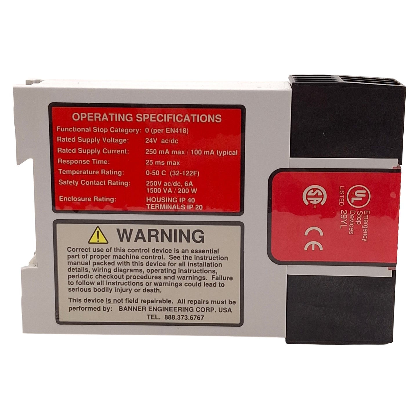 Used Banner ES-FA-9AA Emergency E-Stop Safety Relay Module 24VAC/DC, 3 N/O Contacts
