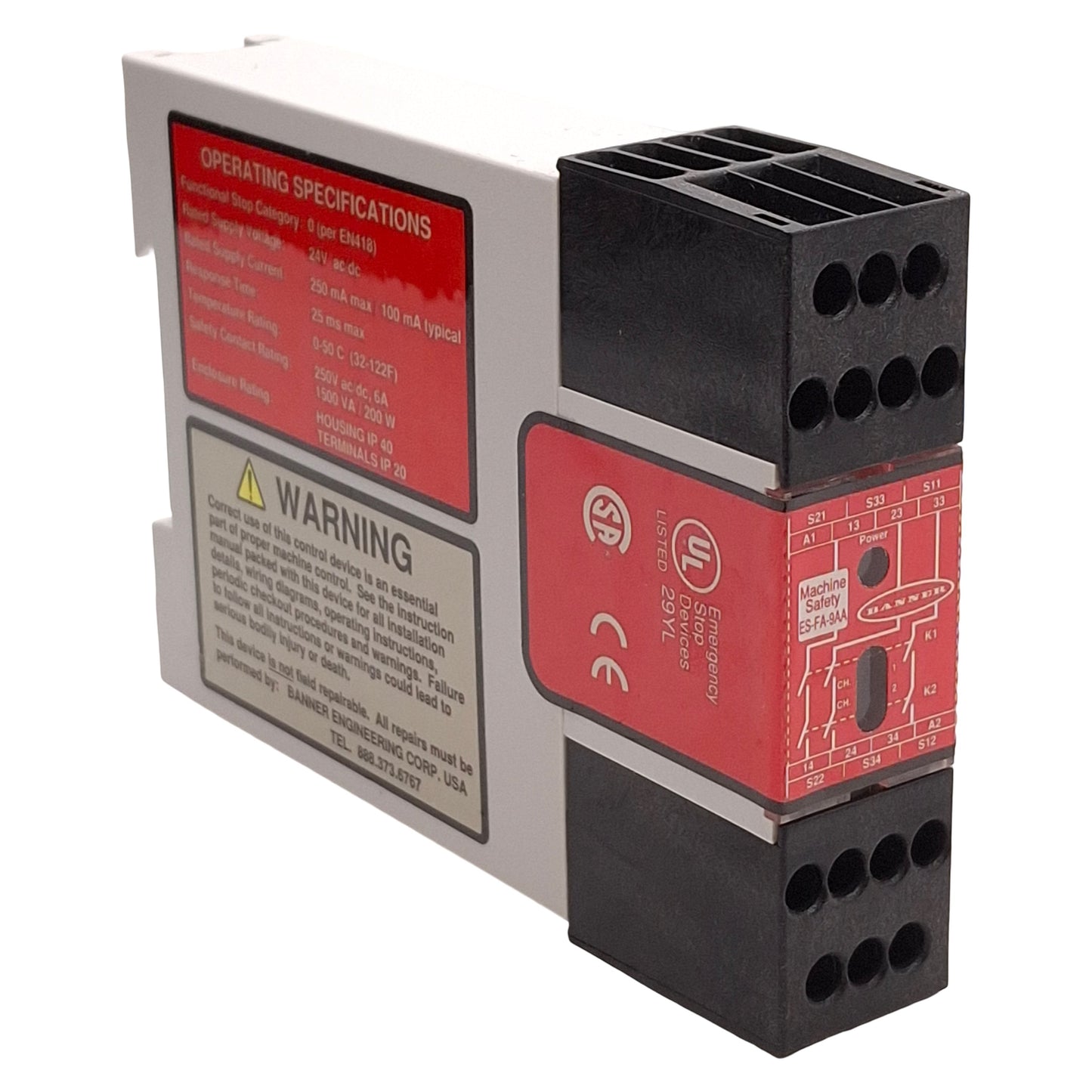 Used Banner ES-FA-9AA Emergency E-Stop Safety Relay Module 24VAC/DC, 3 N/O Contacts