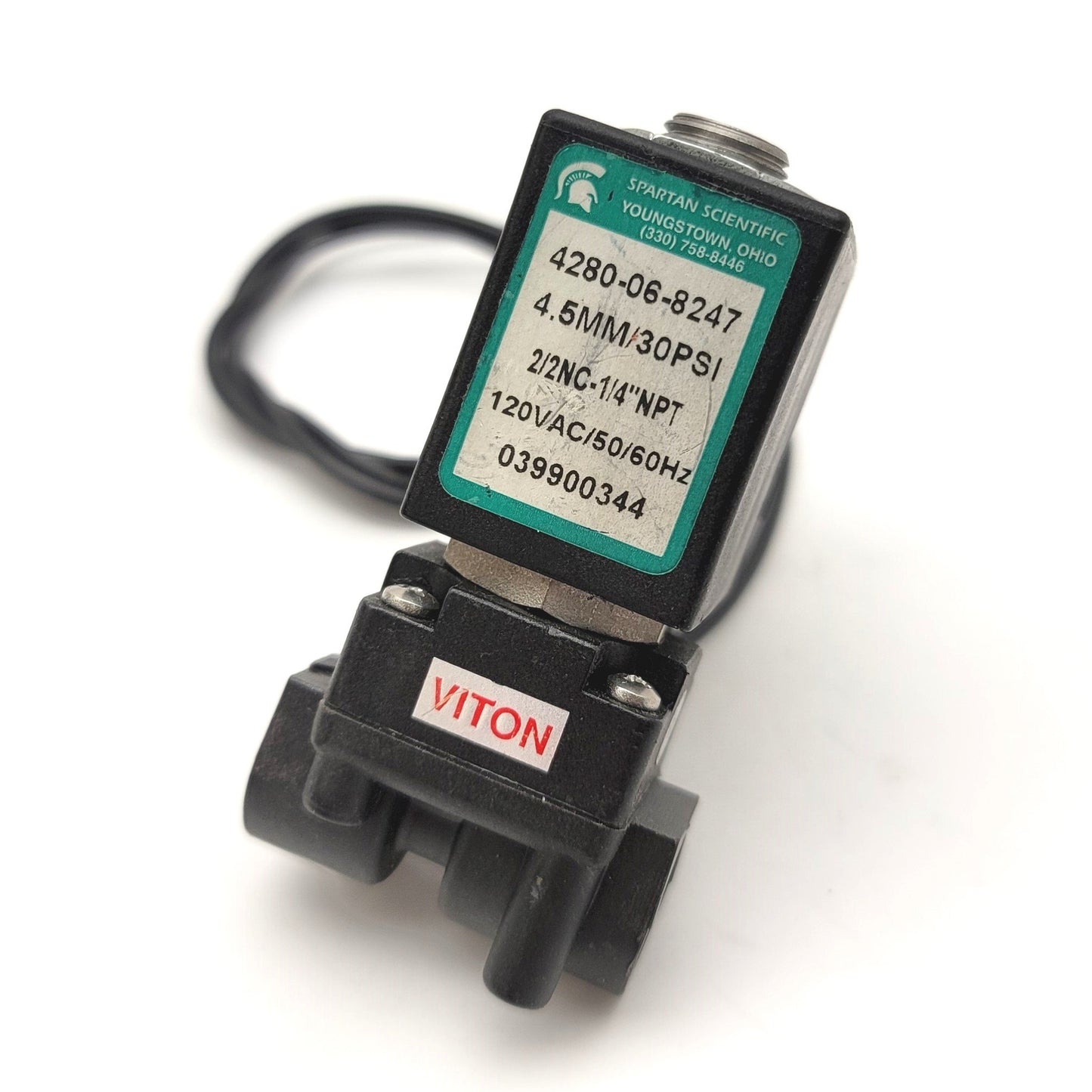 Used Spartan Scientific 4280-06-8247 Solenoid Valve 4.5mm Orifice, 1/4"NPT, 120VAC