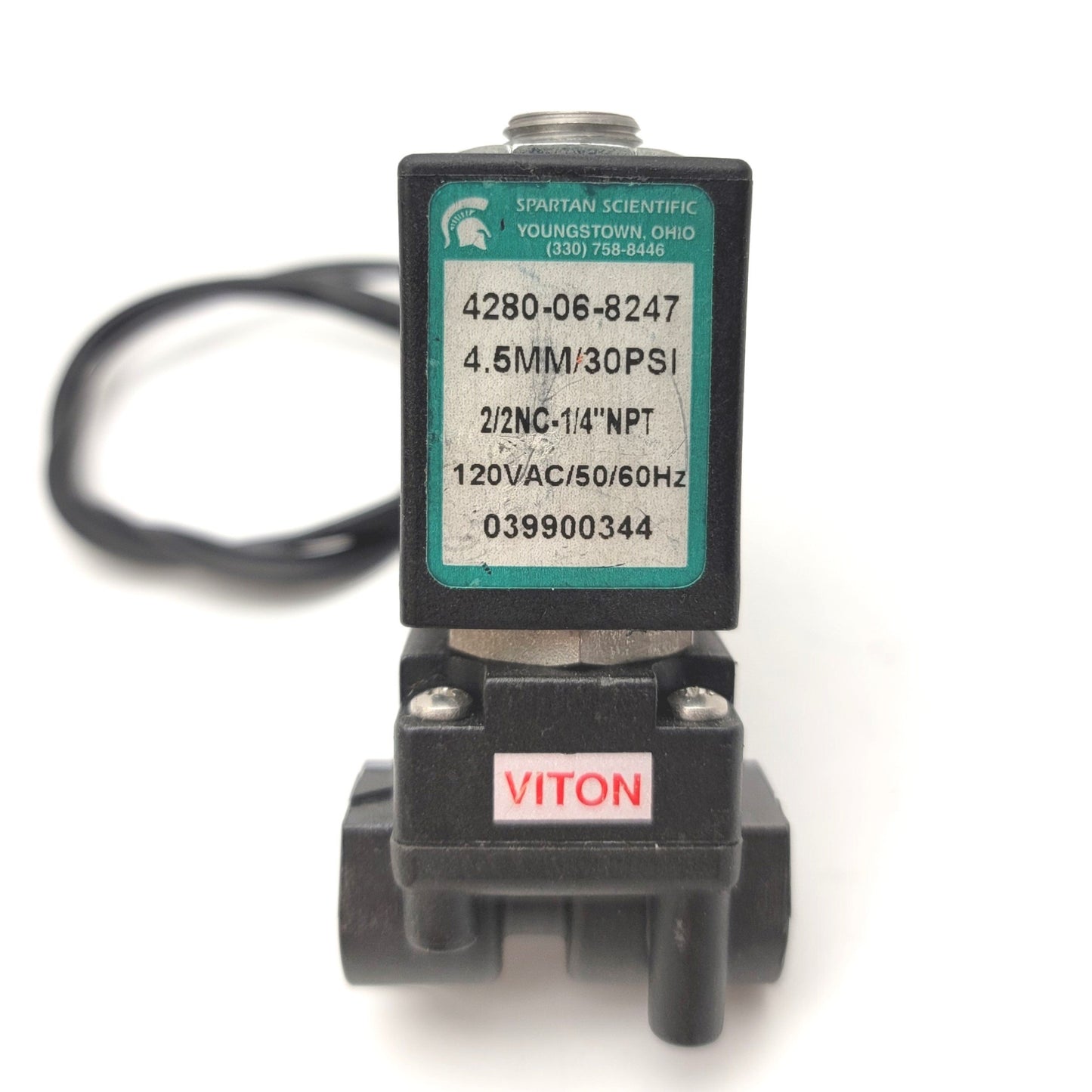 Used Spartan Scientific 4280-06-8247 Solenoid Valve 4.5mm Orifice, 1/4"NPT, 120VAC