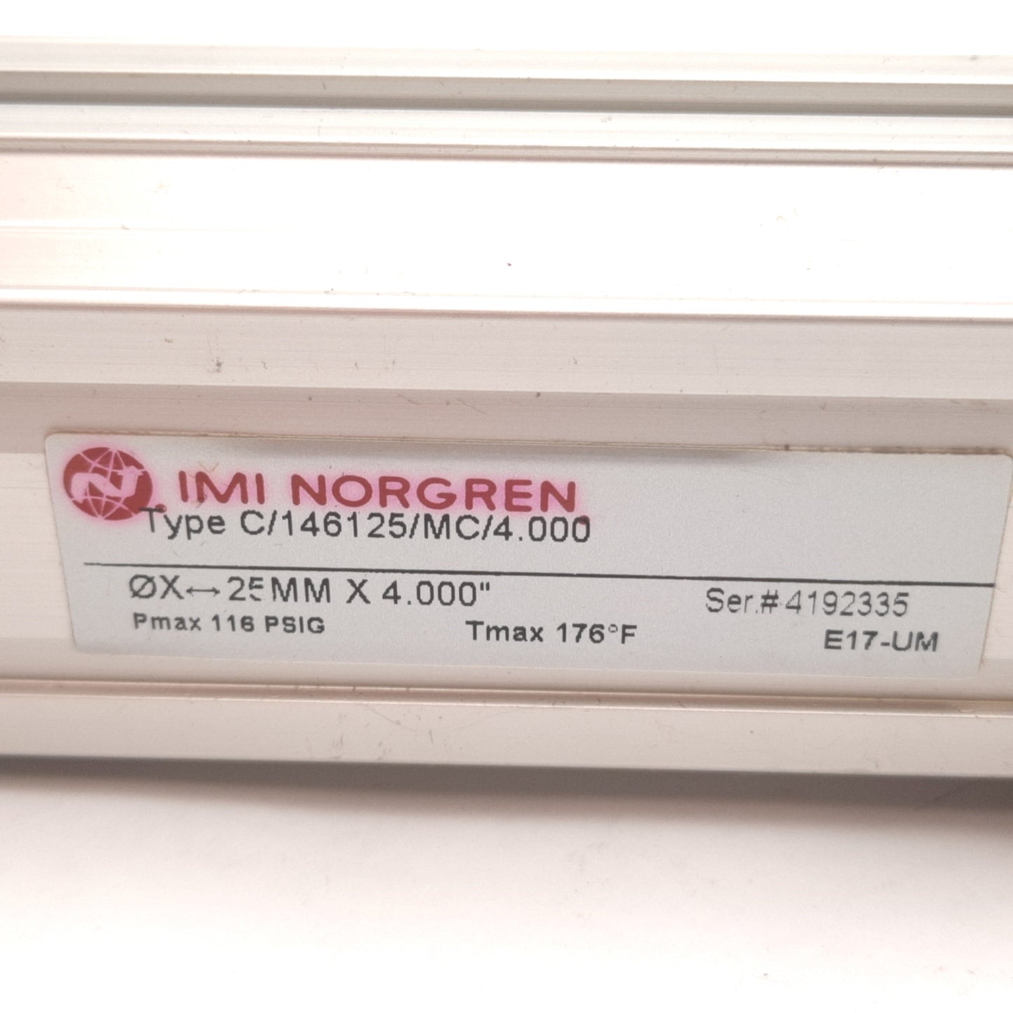 Used Norgren C/146125/MC/4.000 Linear Actuator, Bore: 25mm, Stroke: 4" (101.6mm)
