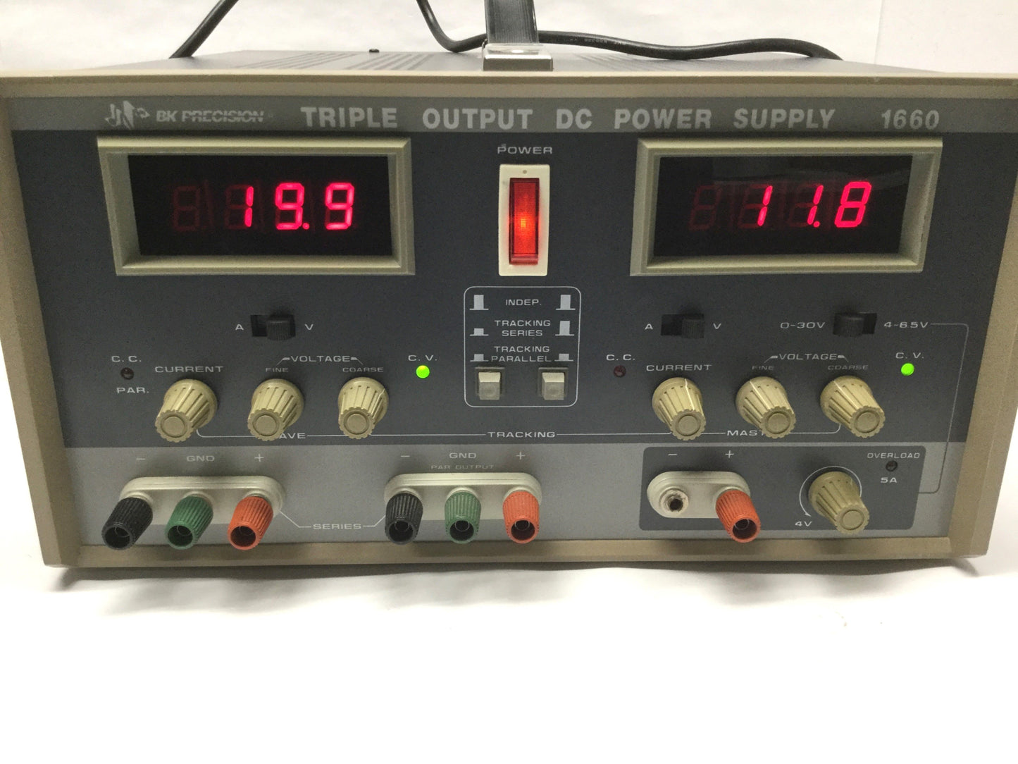 Used BK Precision Model 1660 Triple Output Power Supply 0-30V, 0-2A / 4-6.5V, 0-5A