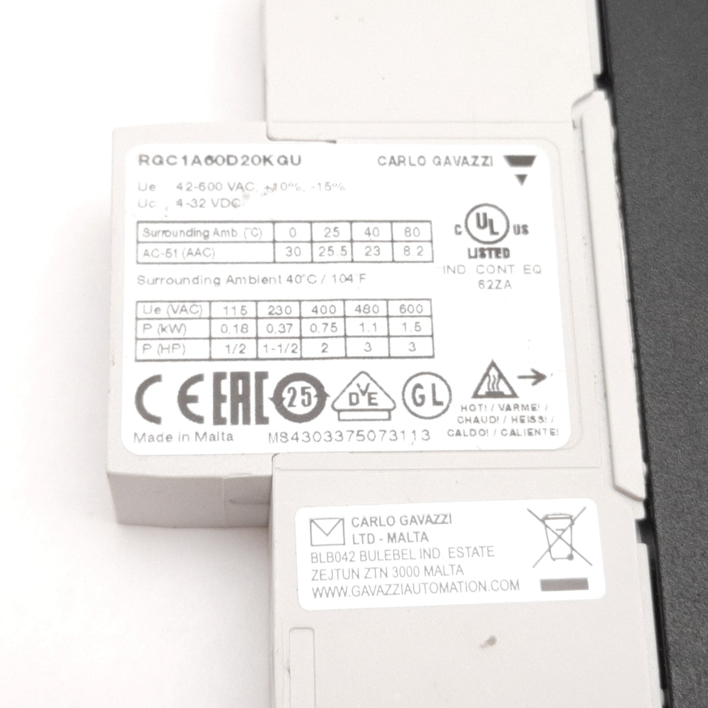 Used Carlo Gavazzi RGC1A60D20KGU Solid State Relay Contactor 20A 600V 4-32VDC Control