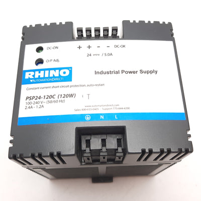 Used Rhino PSP24-120C Power Supply, Input: 100-240VAC 2.4-1.2A, Output: 24VDC 5A