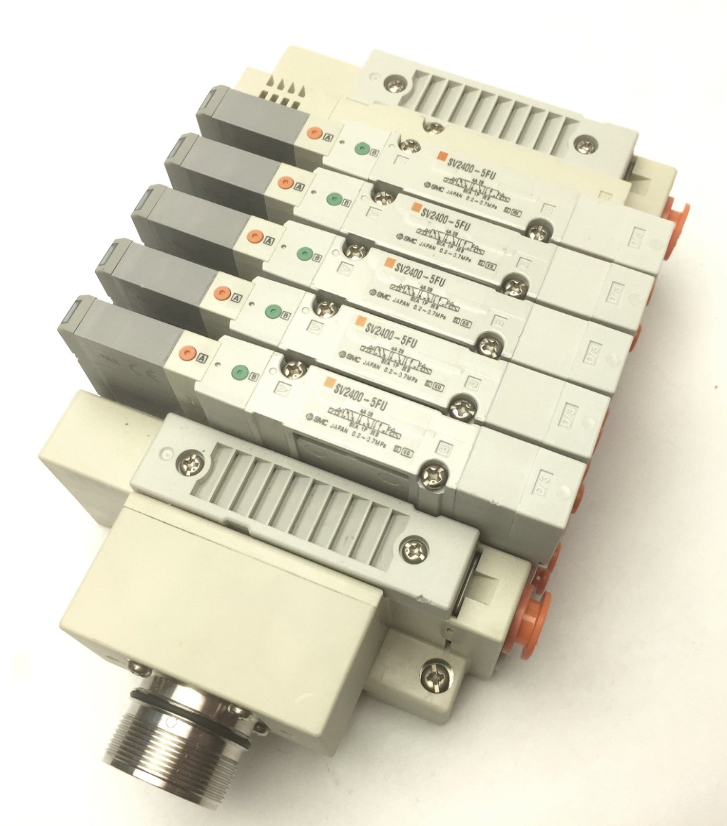 Used SMC Manifold w/ 5x SV2400-5FU Pneumatic Solenoid Valves, Coil Voltage: 24VDC