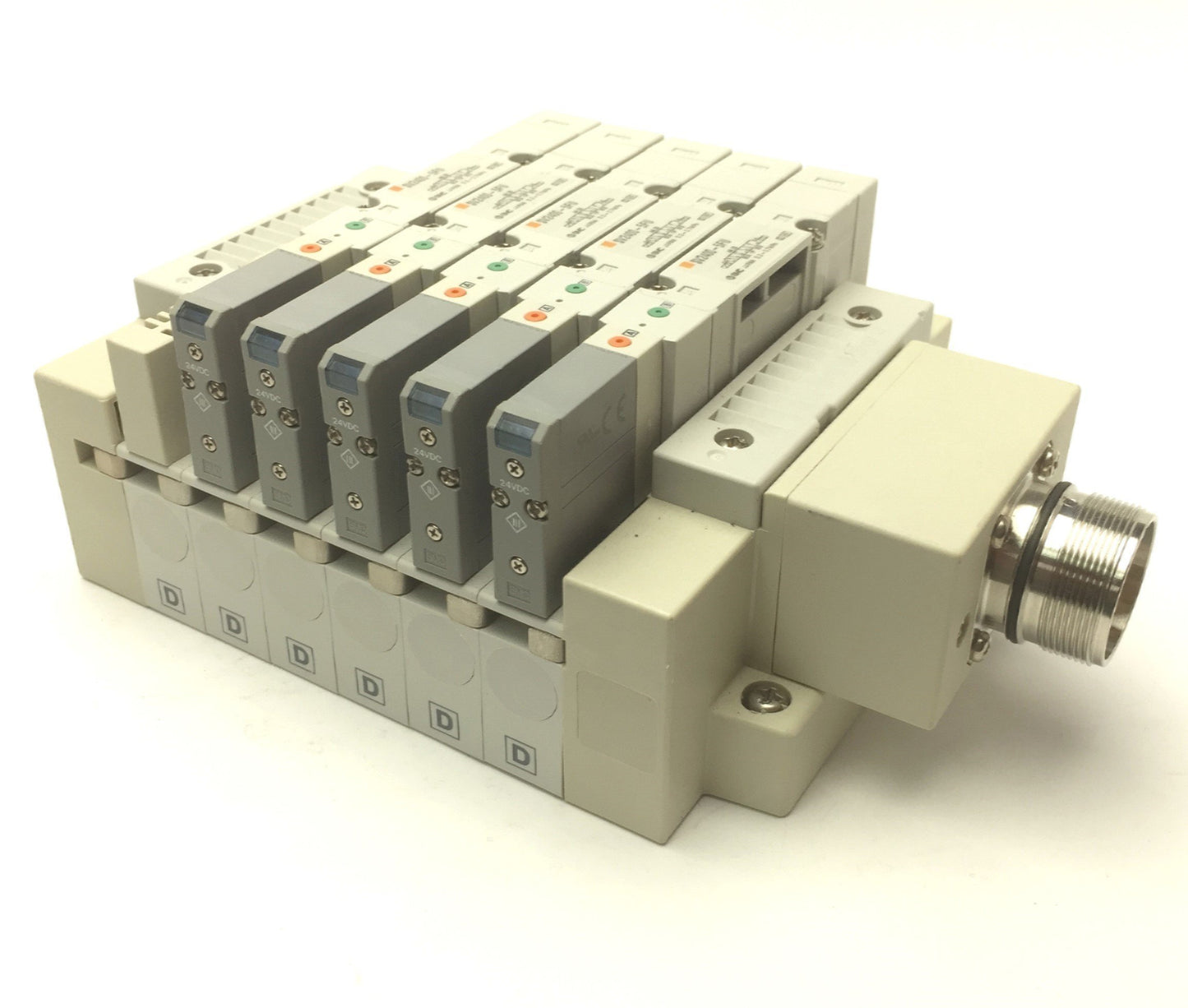 Used SMC Manifold w/ 5x SV2400-5FU Pneumatic Solenoid Valves, Coil Voltage: 24VDC