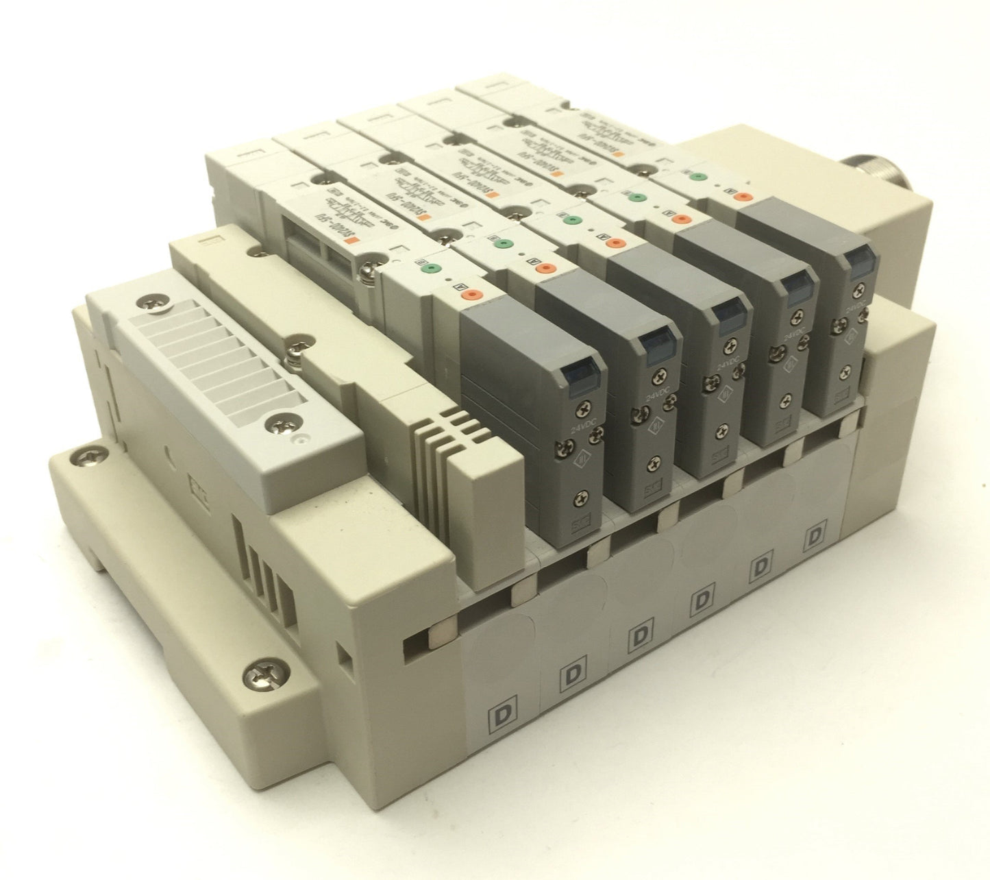 Used SMC Manifold w/ 5x SV2400-5FU Pneumatic Solenoid Valves, Coil Voltage: 24VDC