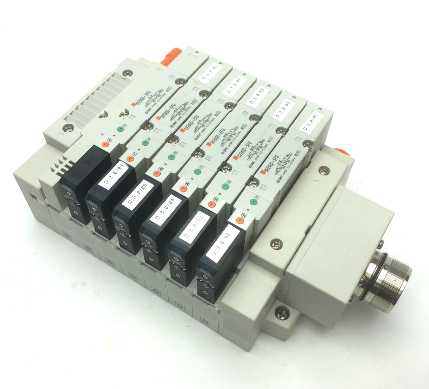 Used SMC Manifold w/ 6x SV2400-5FU Pneumatic Solenoid Valves, Coil Voltage: 24VDC