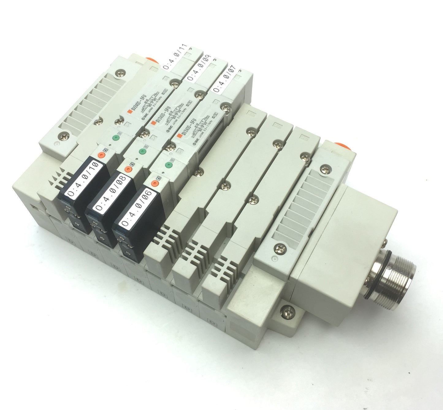 Used SMC Manifold w/ 3x SV2400-5FU Pneumatic Solenoid Valves, Coil Voltage: 24VDC
