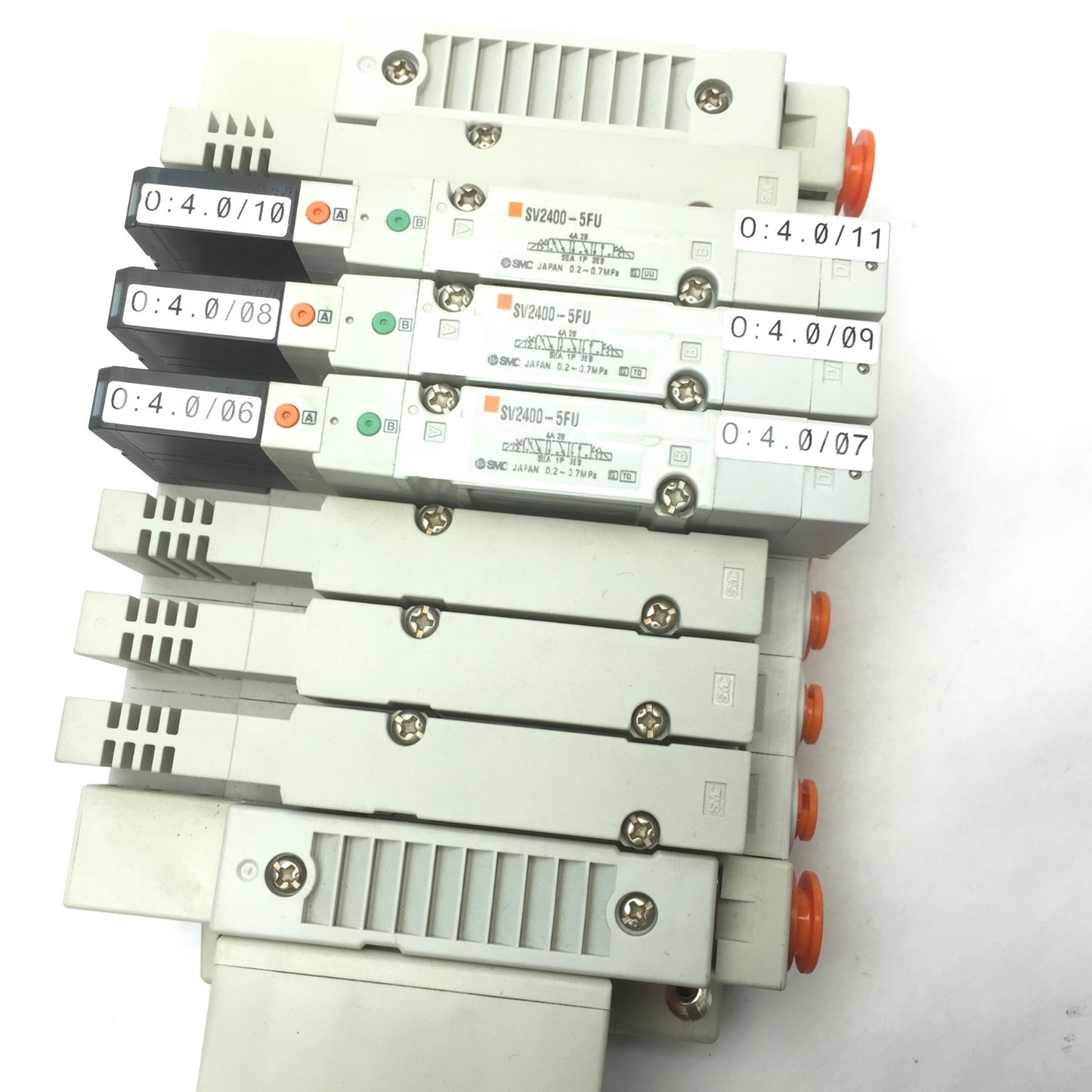 Used SMC Manifold w/ 3x SV2400-5FU Pneumatic Solenoid Valves, Coil Voltage: 24VDC