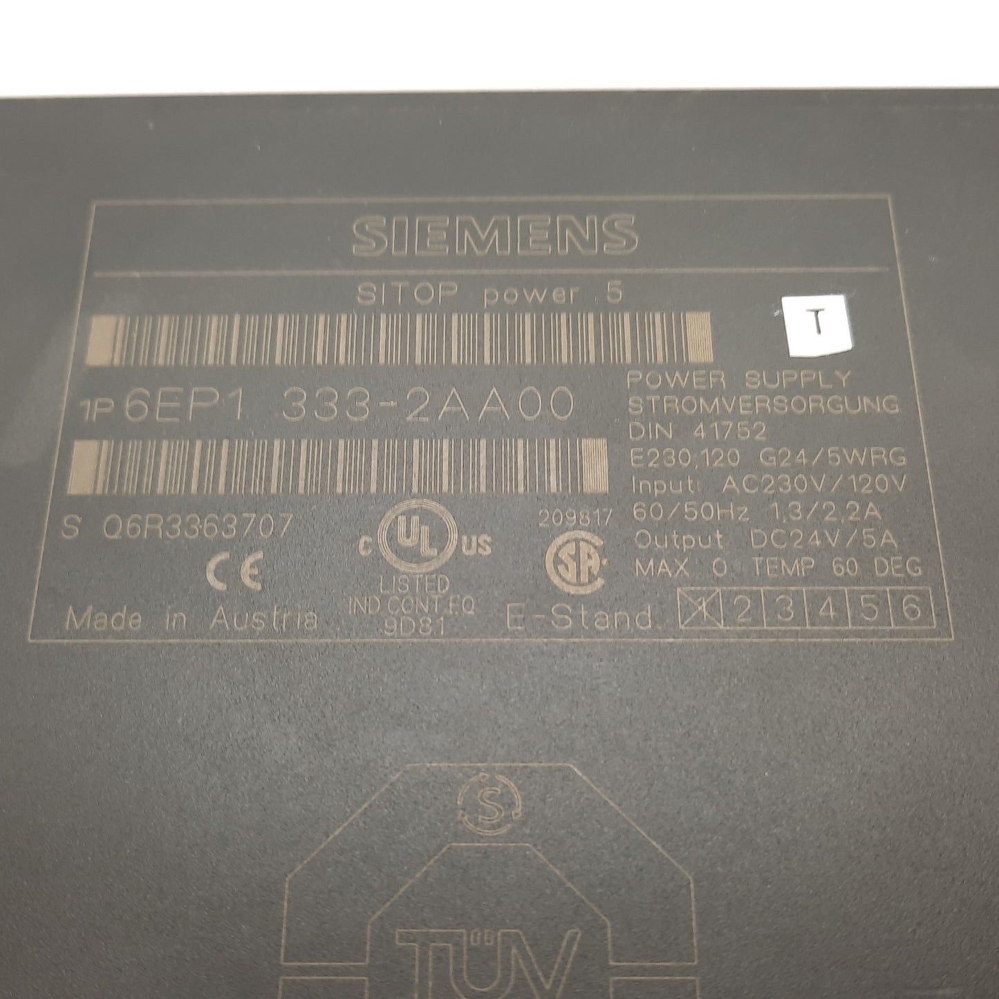 Used Siemens 6EP1333-2AA00 SITOP Power Supply, In: 120/230VAC 2.2/1.3A, Out: 24VDC 5A