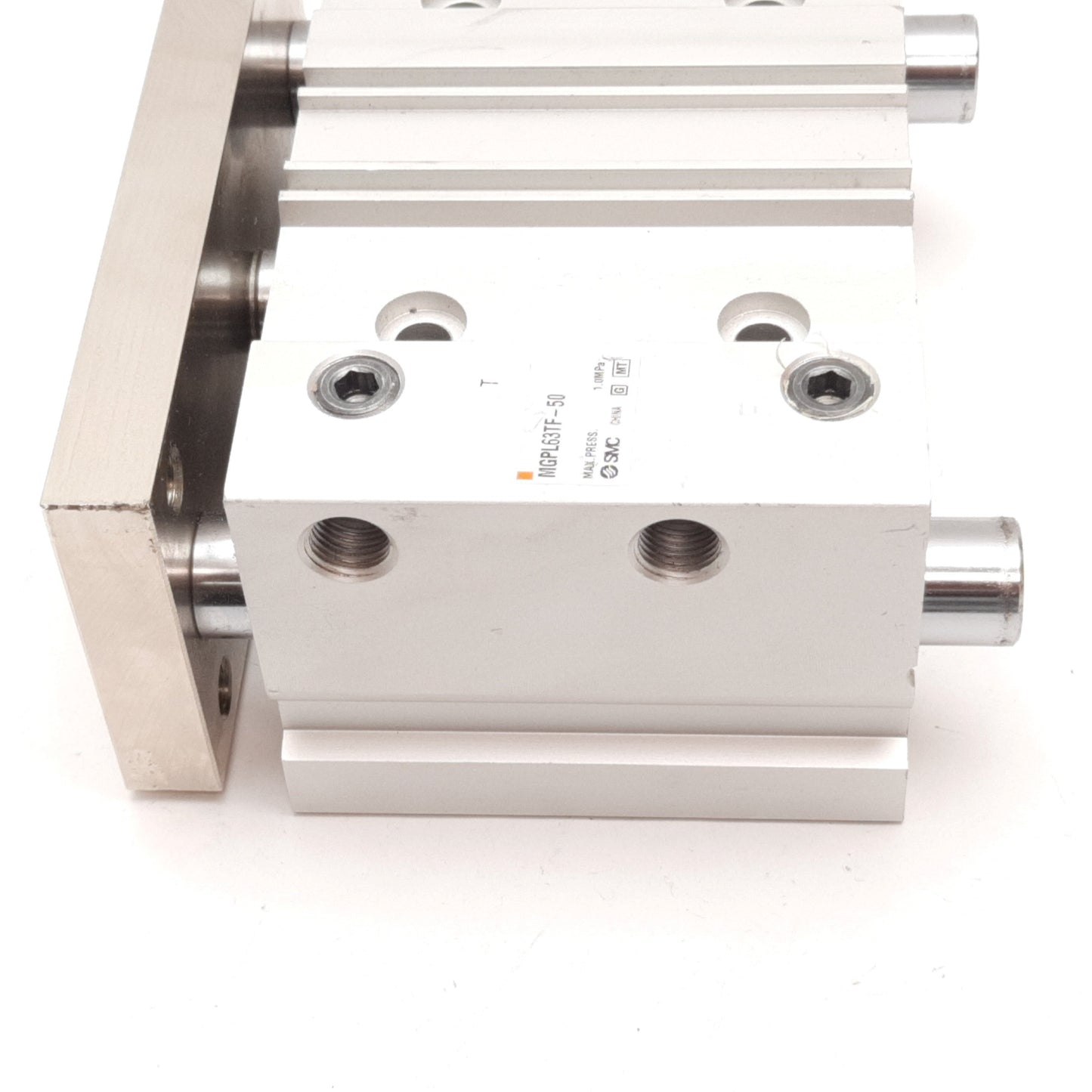 Used SMC MGPL63TF-50 Guided Cylinder, Bore: 63mm, Stroke: 50mm, Ports: G1/4, 1.0MPa