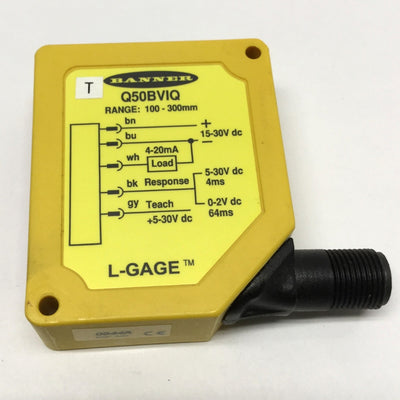 Used Banner Q50BVIQ L-GAGE LED Measurement Sensor, 100-300mm Range, 15-30VDC, 4-20mA