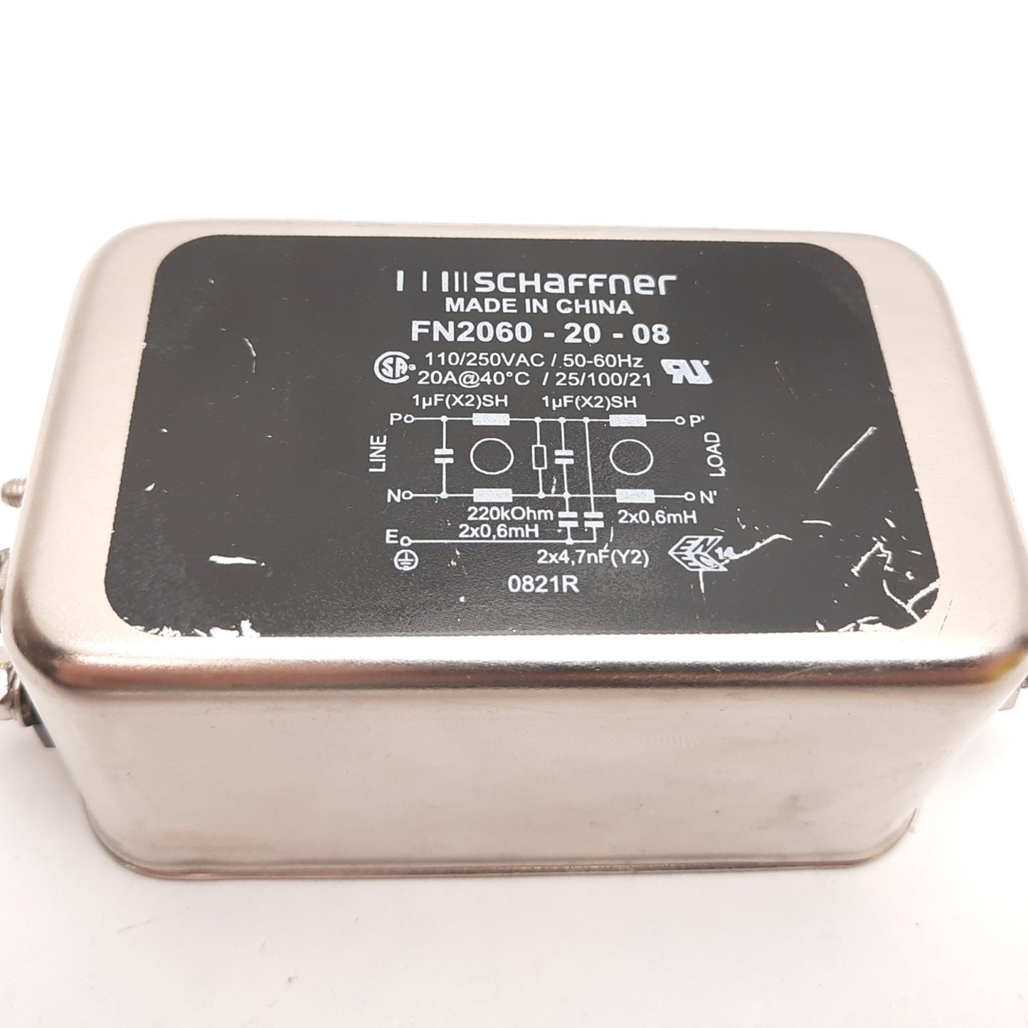 Used Schaffner FN2060-20-08 Power Line Filter, Rating: 110/250VAC 50-60Hz 20A
