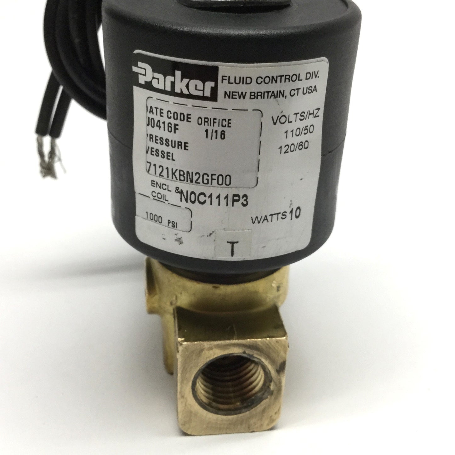 Used Parker 7121KBN2GF00N0C111P3 Skinner Solenoid Valve 2-Way NC, 110/120VAC, 1000psi