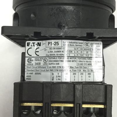 Used Eaton P1-25 ON-OFF Disconnect Switch, 3-Pole, 90° Throw, 15HP Max, 600VAC 25A