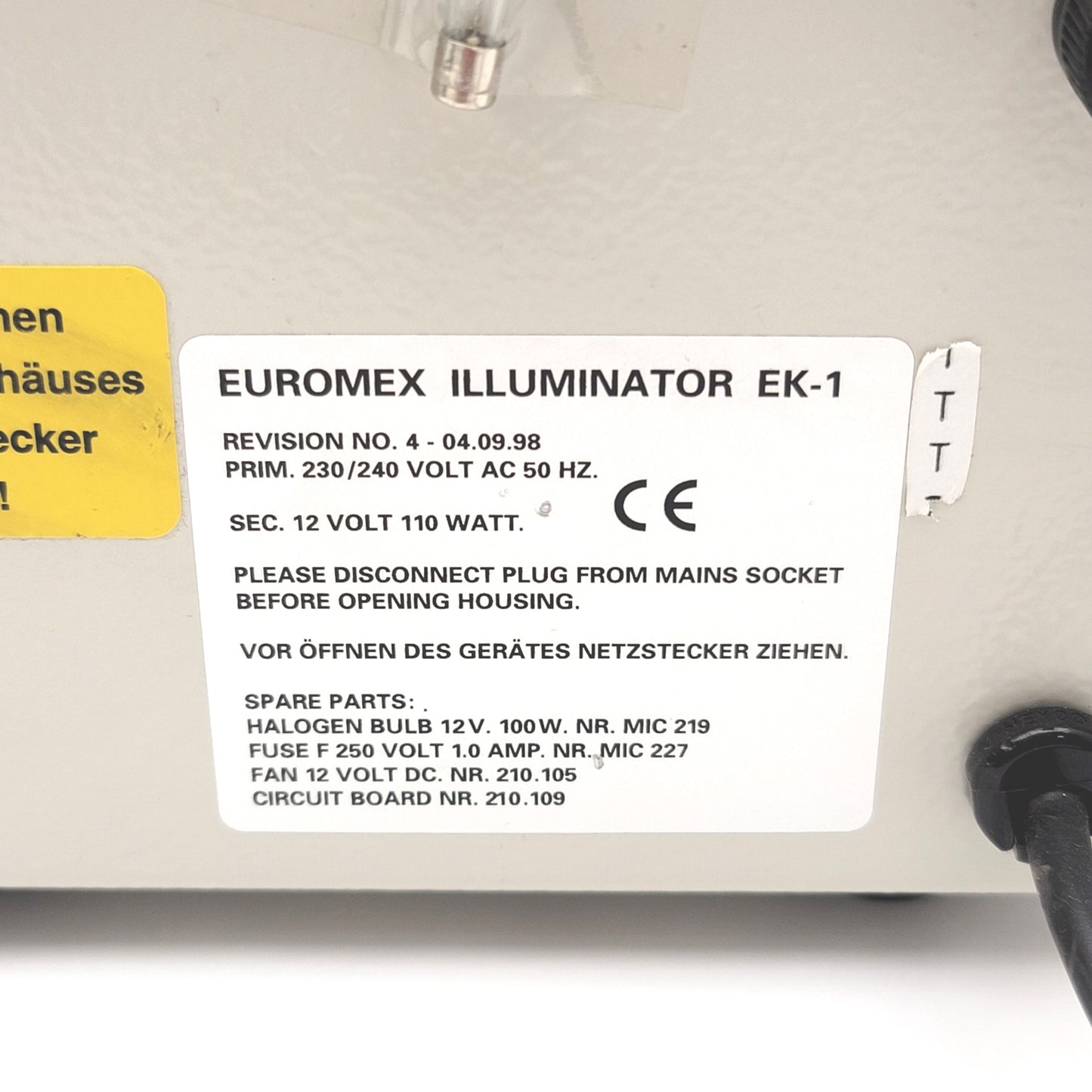 Used Euromex Illuminator EK-1 Fiber Optic Light Source 100W Halogen, 250VAC 50Hz 1.0A