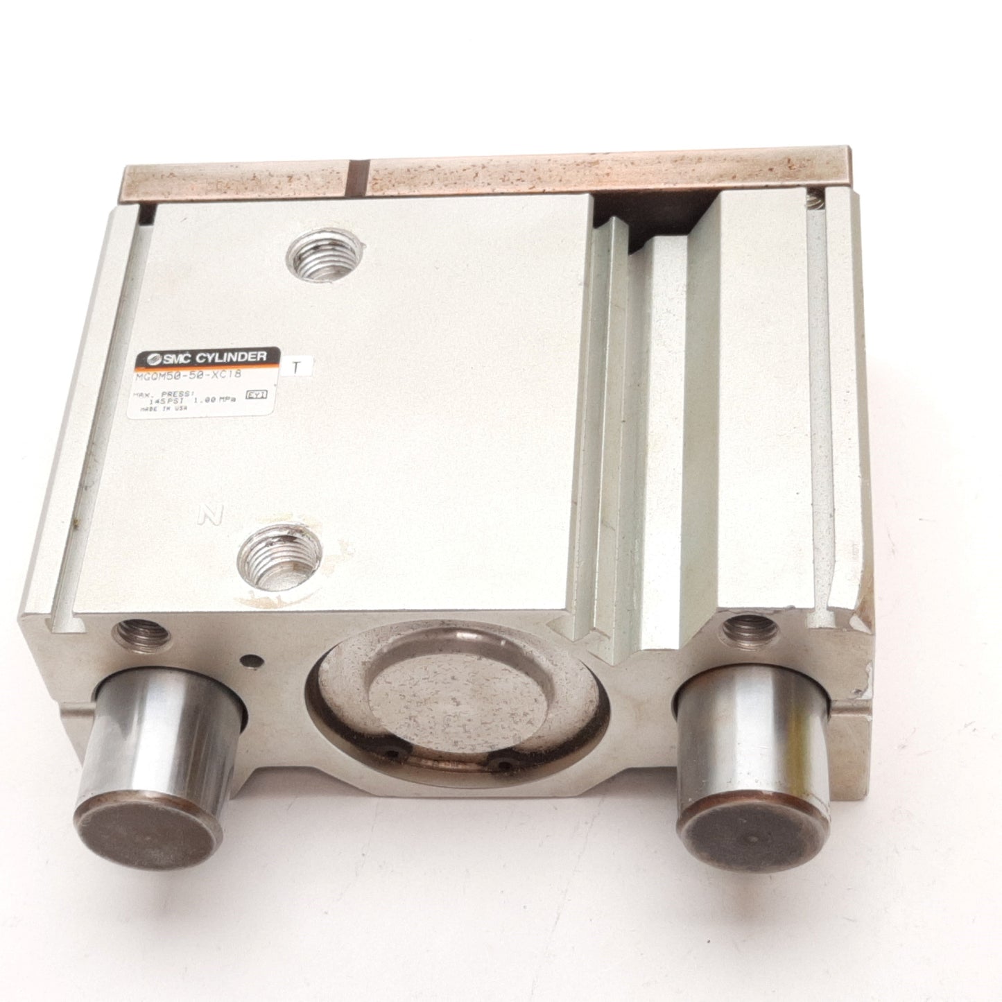 Used SMC MGQM50-50-XC18 Guided Cylinder, Ø50mm Bore, 50mm Stroke, *Dented/Rust*