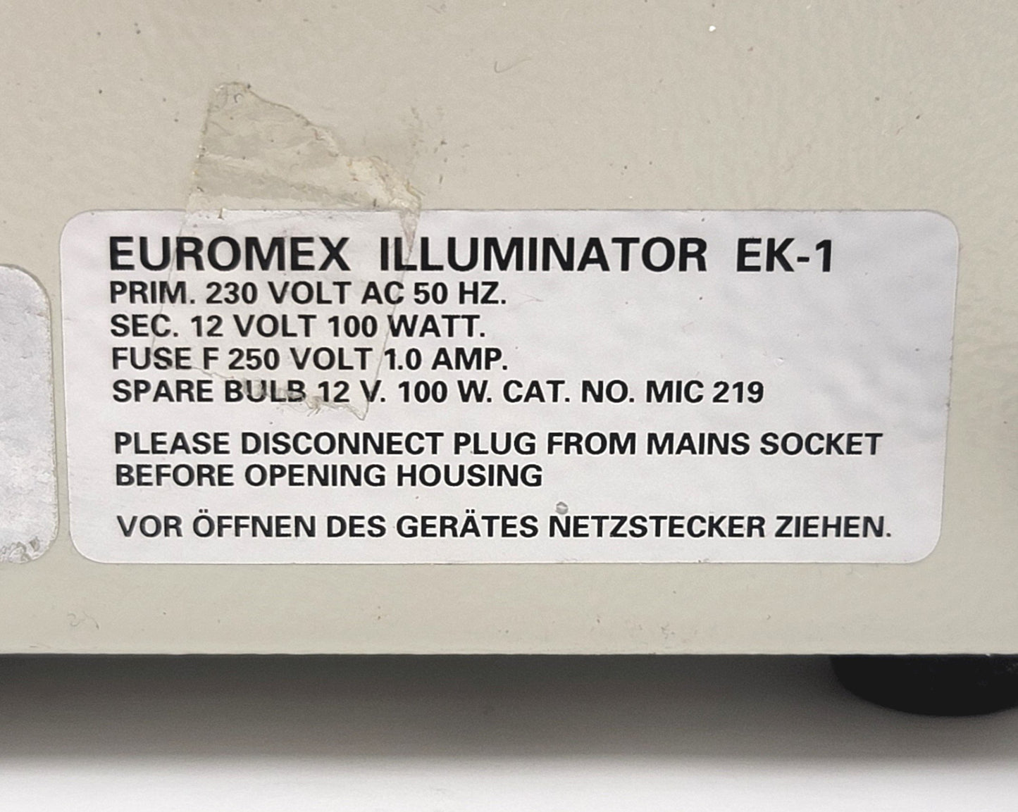 Used Euromex Illuminator EK-1 Fiber Optic Light Source 100W Halogen, 230VAC 50Hz 1.0A