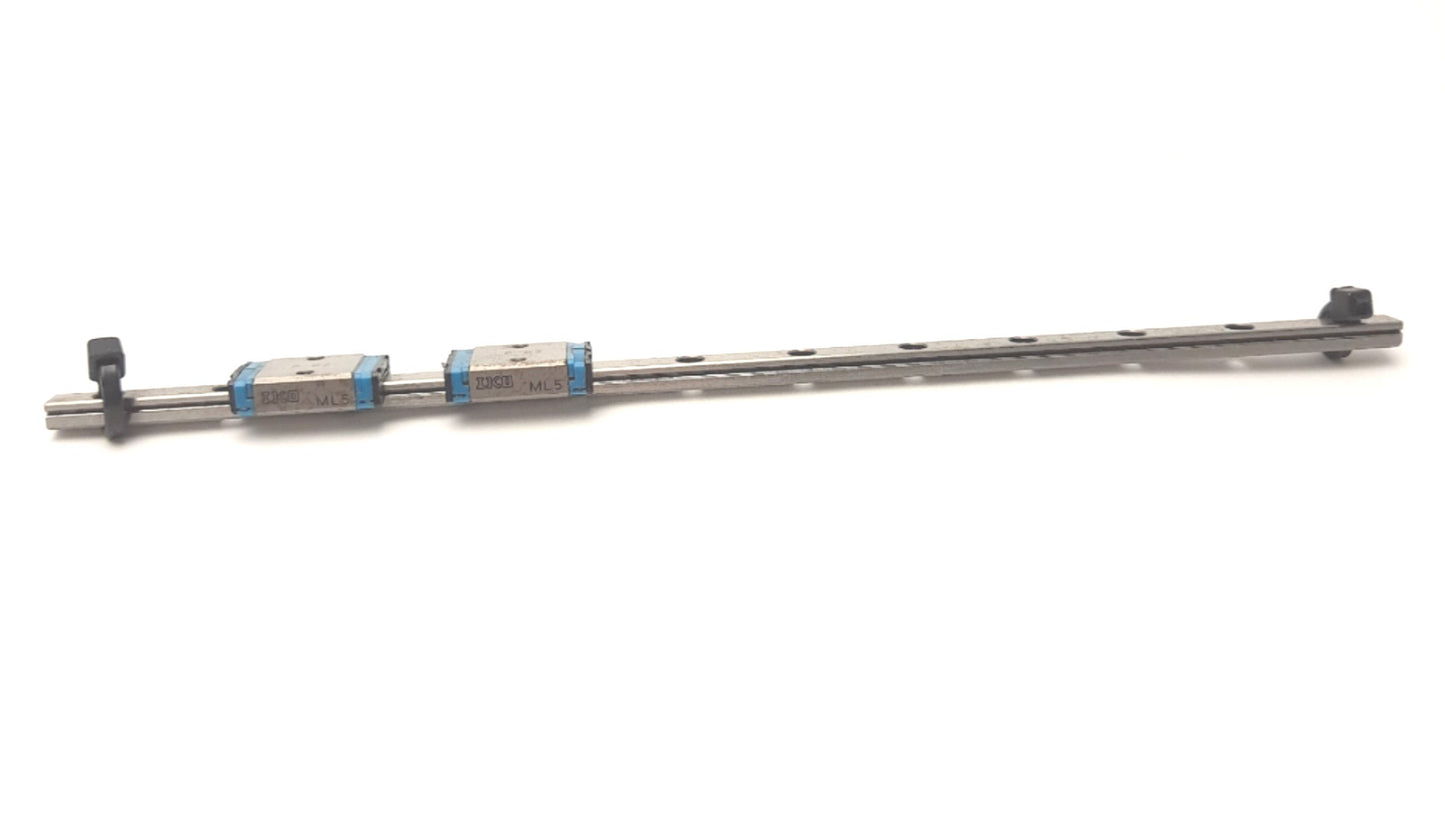 Used IKO ML5 Linear Ball Bearing Carriages (x2) With 80mm Guide Rail
