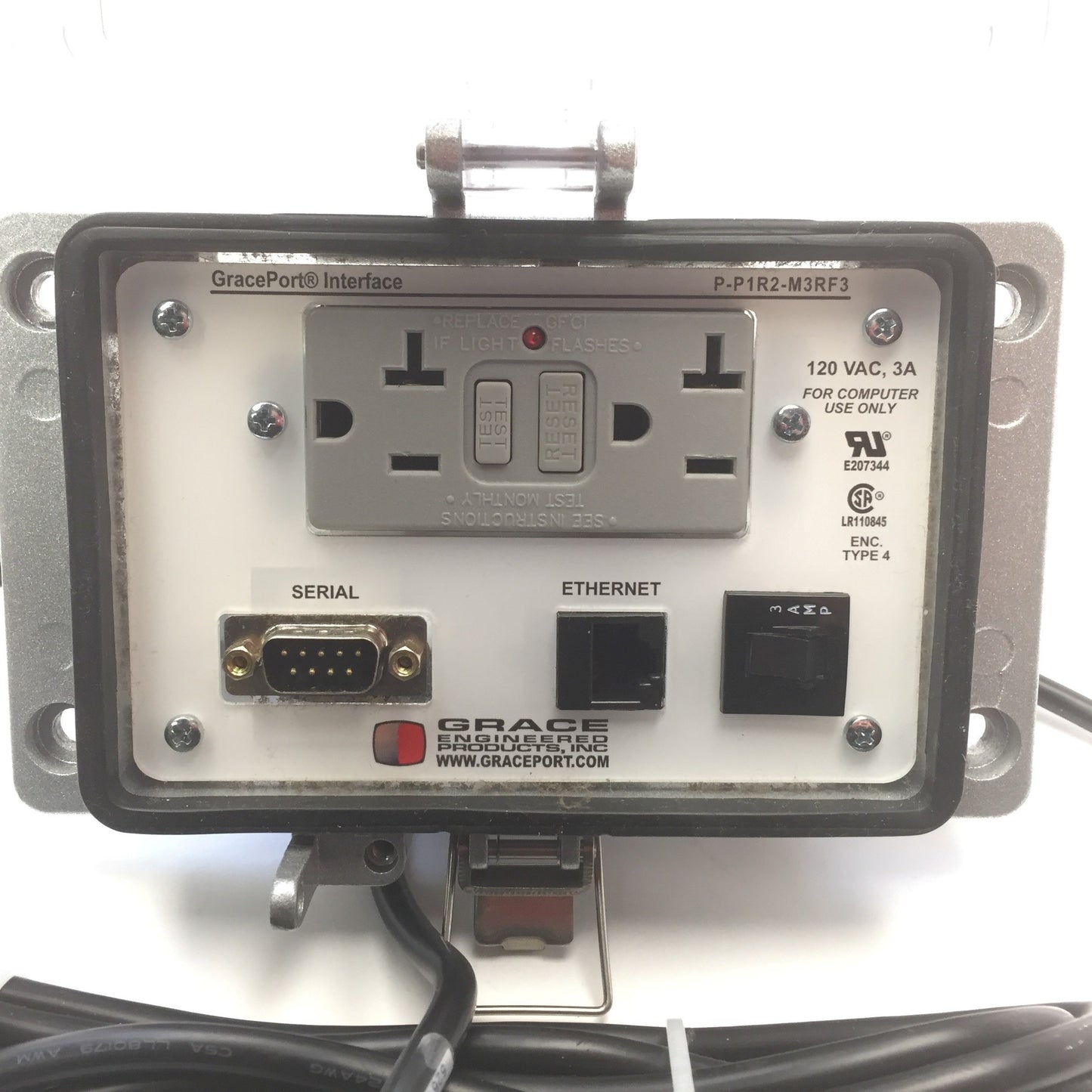 Used Grace P-P1R2-M3RF3 Panel Interface Connector DB9, RJ45, GFI Duplex Outlet Type 4