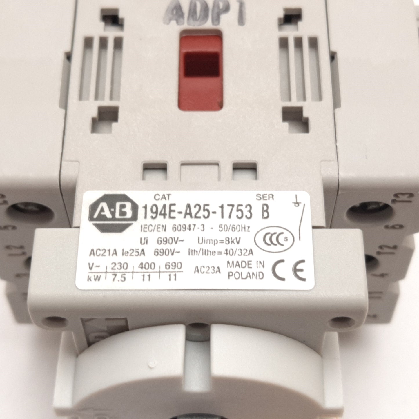 Used Allen Bradley 194E-A25-1753 B Load Disconnect Switch 25A 3-Pole, 2" Rod, W/ Aux