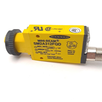 Used Banner SM2A312FQD Mini Beam Fiber Optic Sensor 24-240 VAC 3 Pin Male Connector