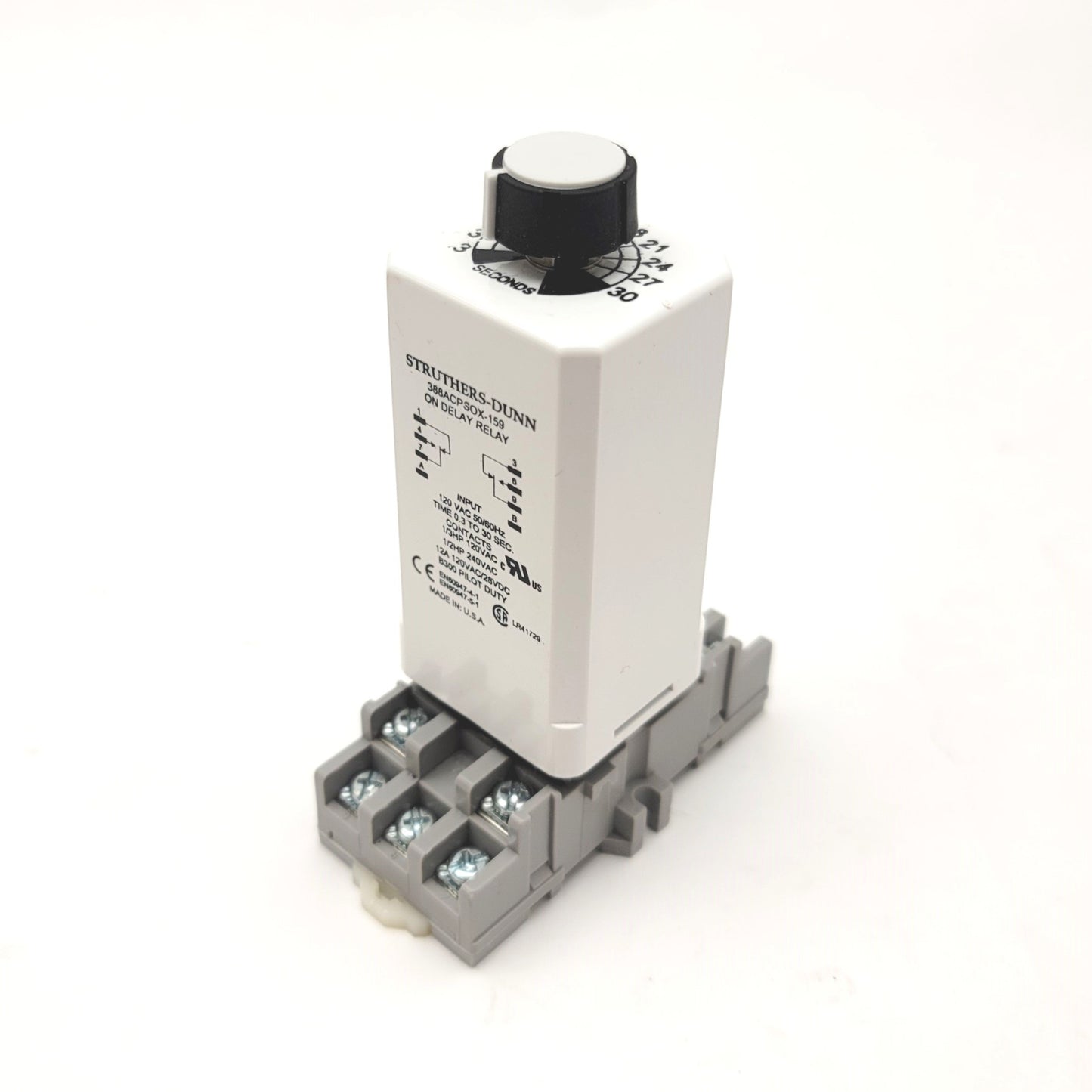 New – Open box Struthers Dunn 388ACPSOX-159 On Delay Electric Relay W/Base 0.3-30sec 12A@120VAC