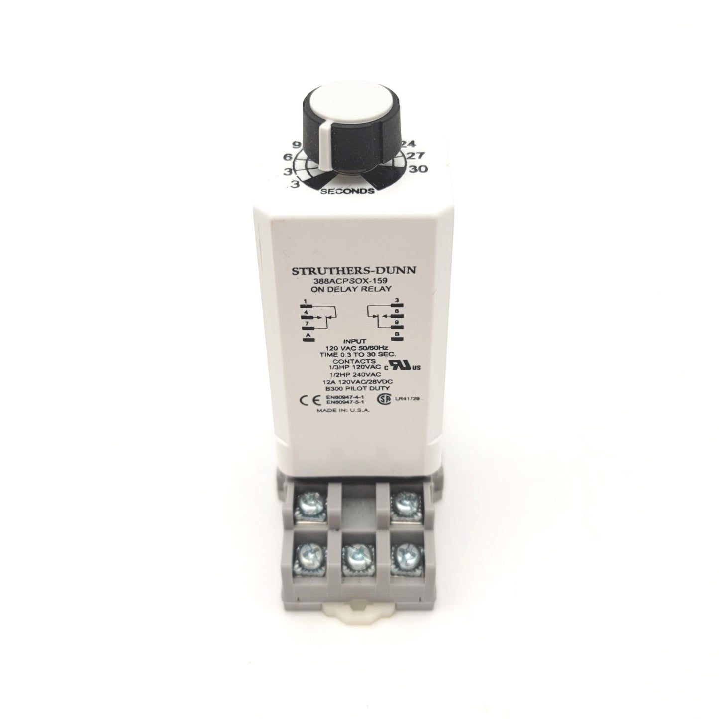 New – Open box Struthers Dunn 388ACPSOX-159 On Delay Electric Relay W/Base 0.3-30sec 12A@120VAC
