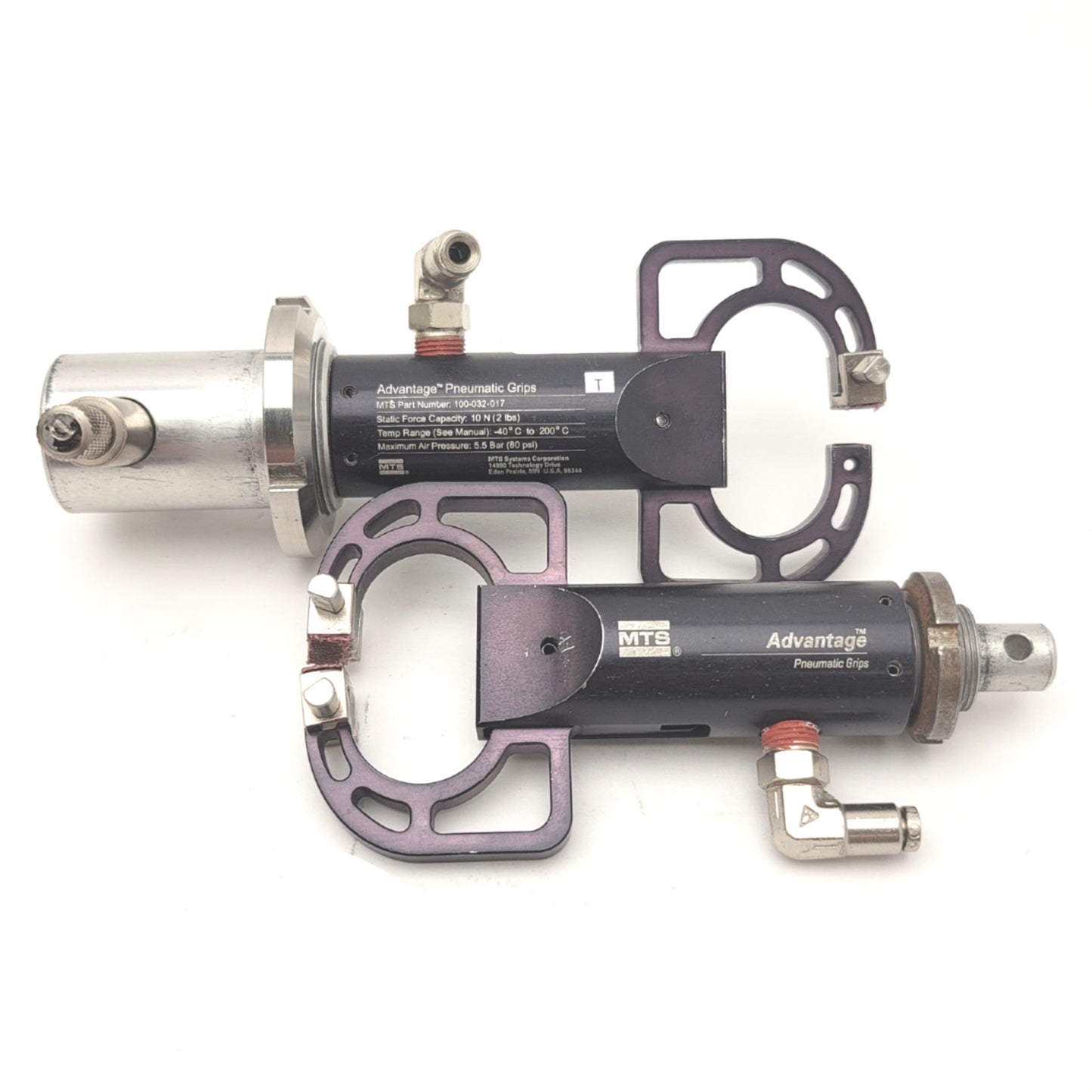 Used Pair Of MTS 100-032-017 Advantage Pneumatic Grips For Low-Force Tensile Testing