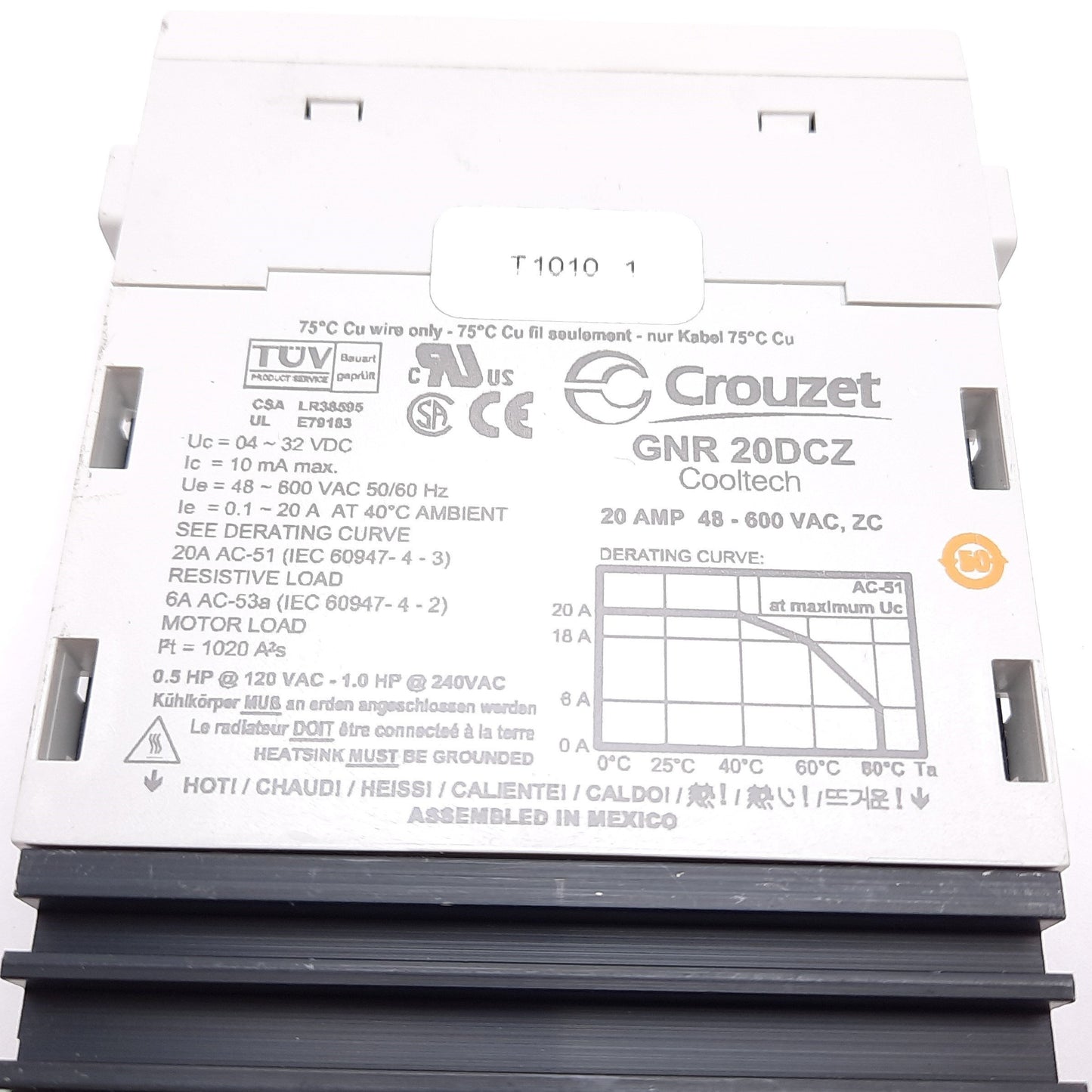 Used Crouzet GNR20DCZ Solid State Relay, Input: 4-32VDC, Output: 48-600VAC 20A