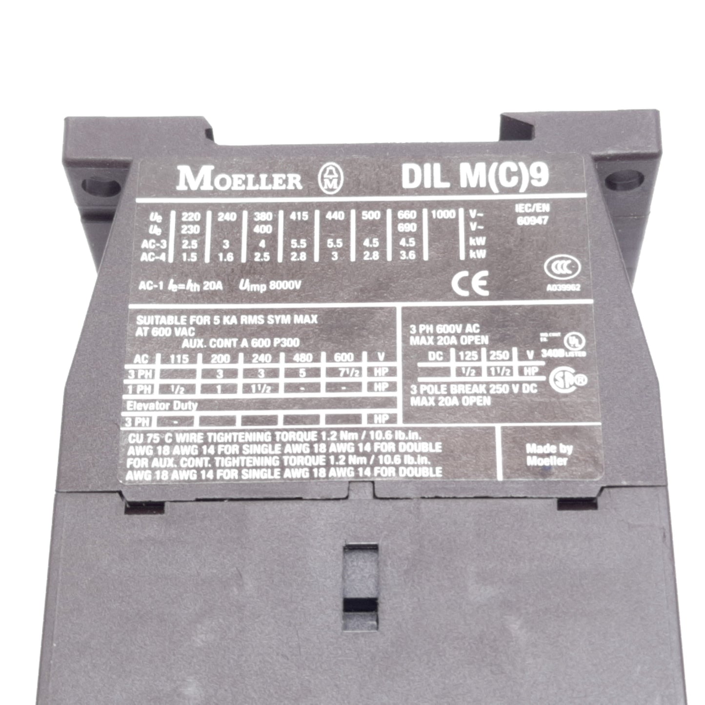 Used Moeller DILM9-01 Contactor, 3-Pole w/ N/C Auxiliary, Coil: 24VDC, 20A 600VAC