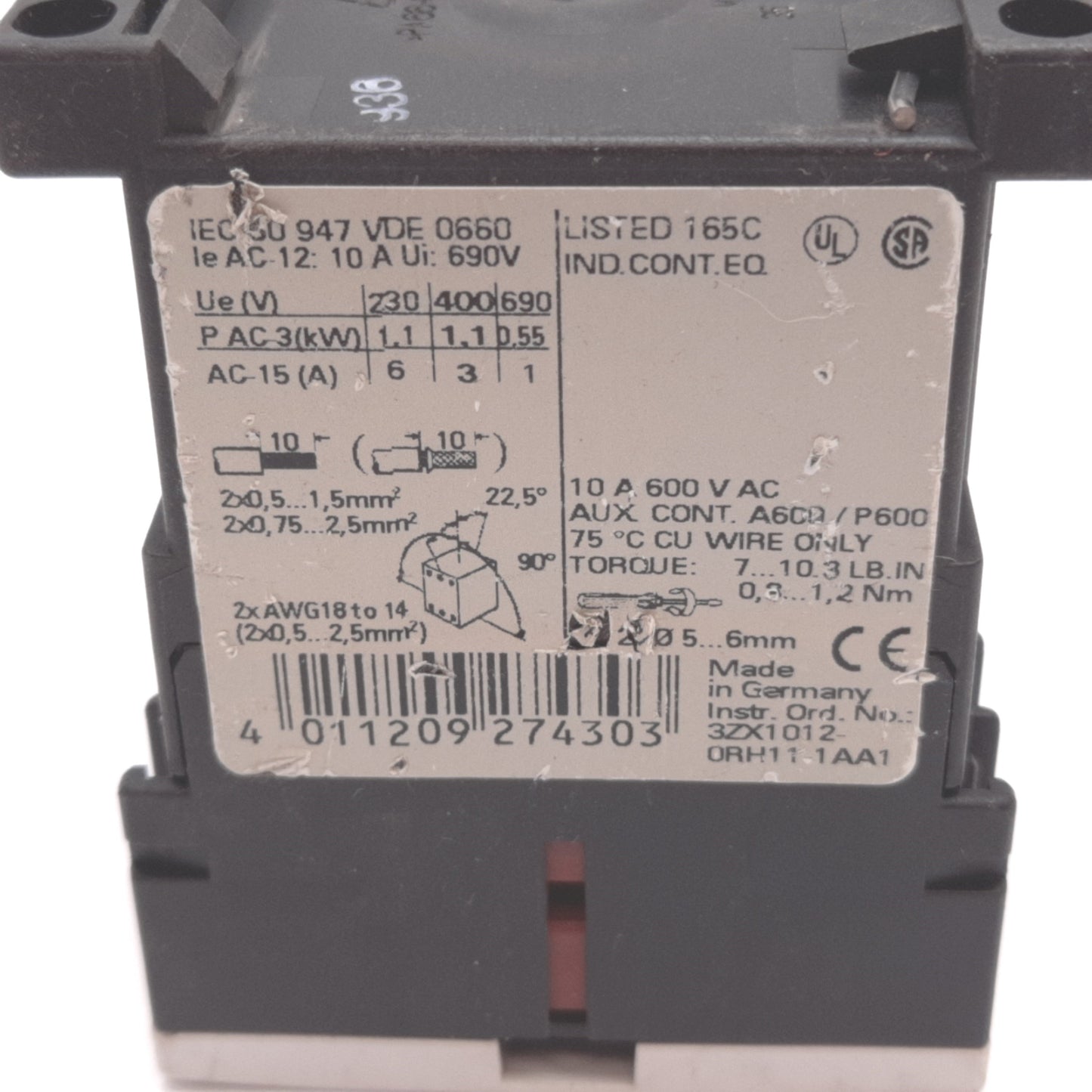 Used Siemens 3RH1122-1BB40 Contactor, 4-Pole 2x N/O 2x N/C, Coil: 24VDC, 10A 600VAC