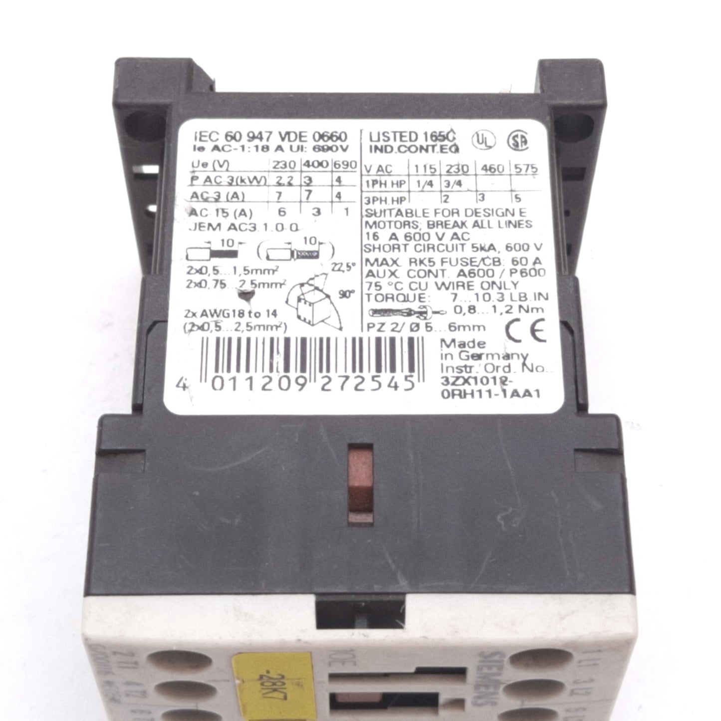 Used Siemens 3RT1015-1BB41 Contactor, 3-Pole W/ N/O Auxiliary, Coil 24VDC, 16A 600VAC