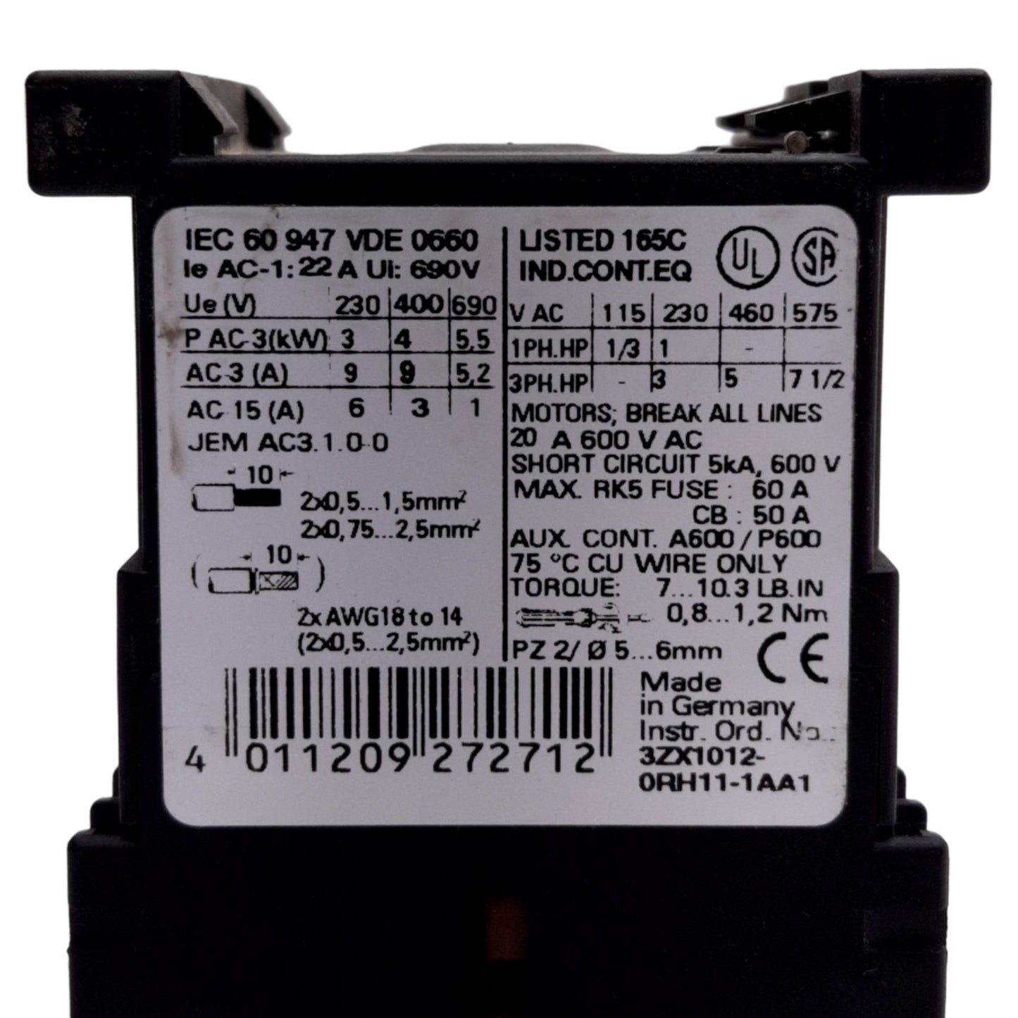 Used Siemens 3RT1015-1BB42 Contactor, 3-Pole w/ NC Aux,16A 600VAC, Coil: 24VDC