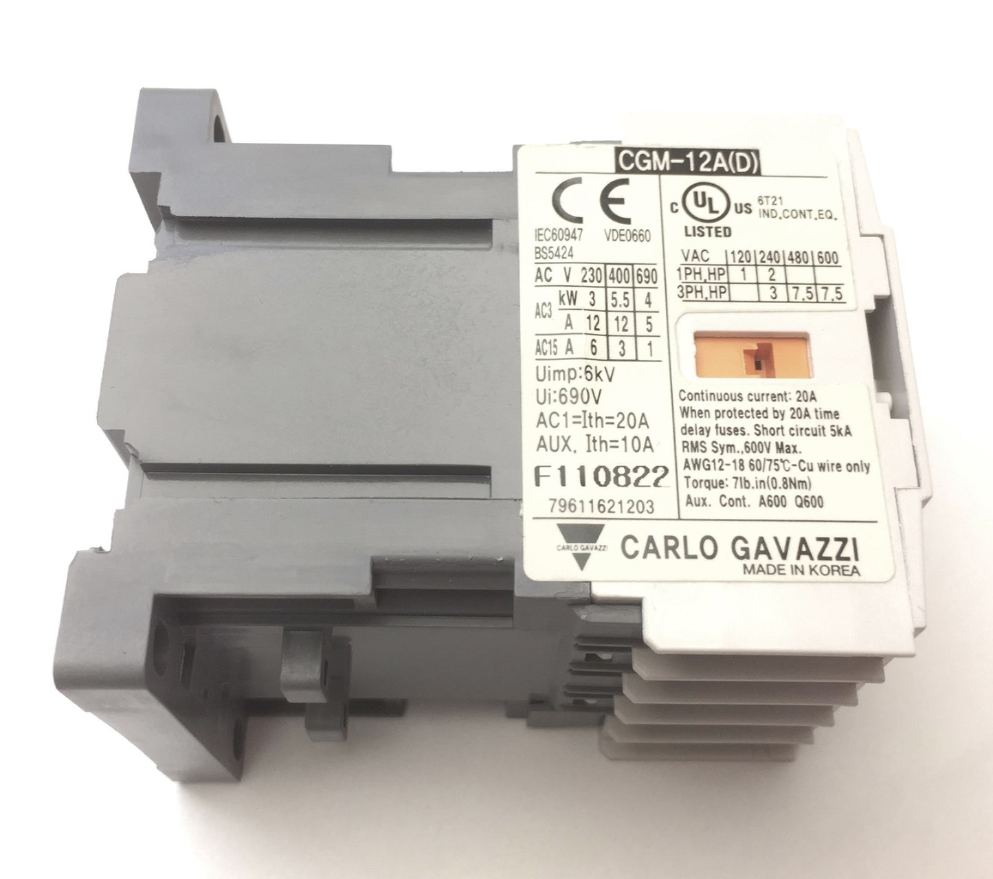 Used Carlo Gavazzi CGMS-12D Mini Contactor Relay 600VAC 12A 3NO 1Auxiliary 24VDC Coil
