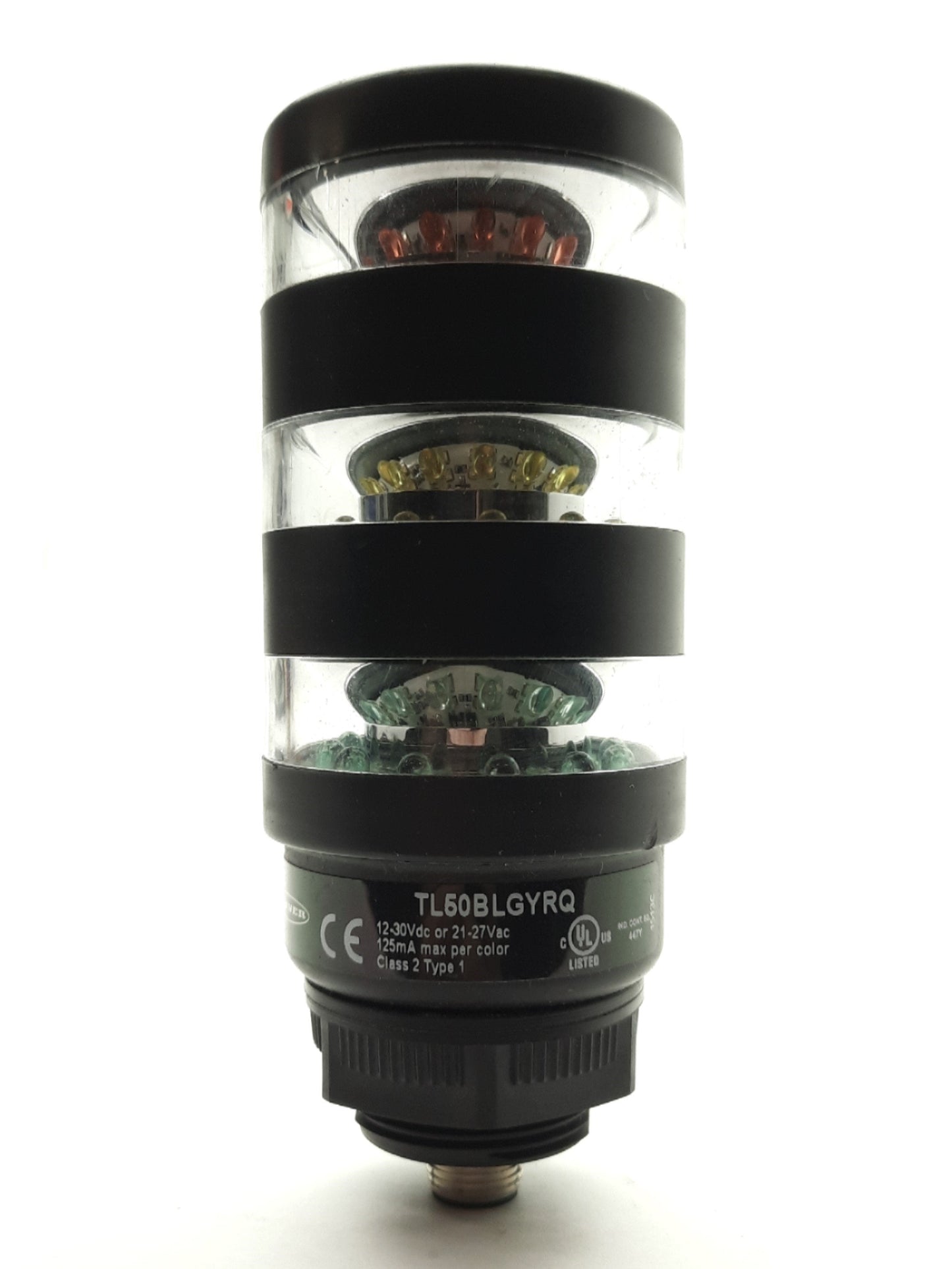 Used Banner TL50BLGYRQ LED Tower Light, Green, Yellow, Red, M12 4-Pin Male, 24VAC/DC