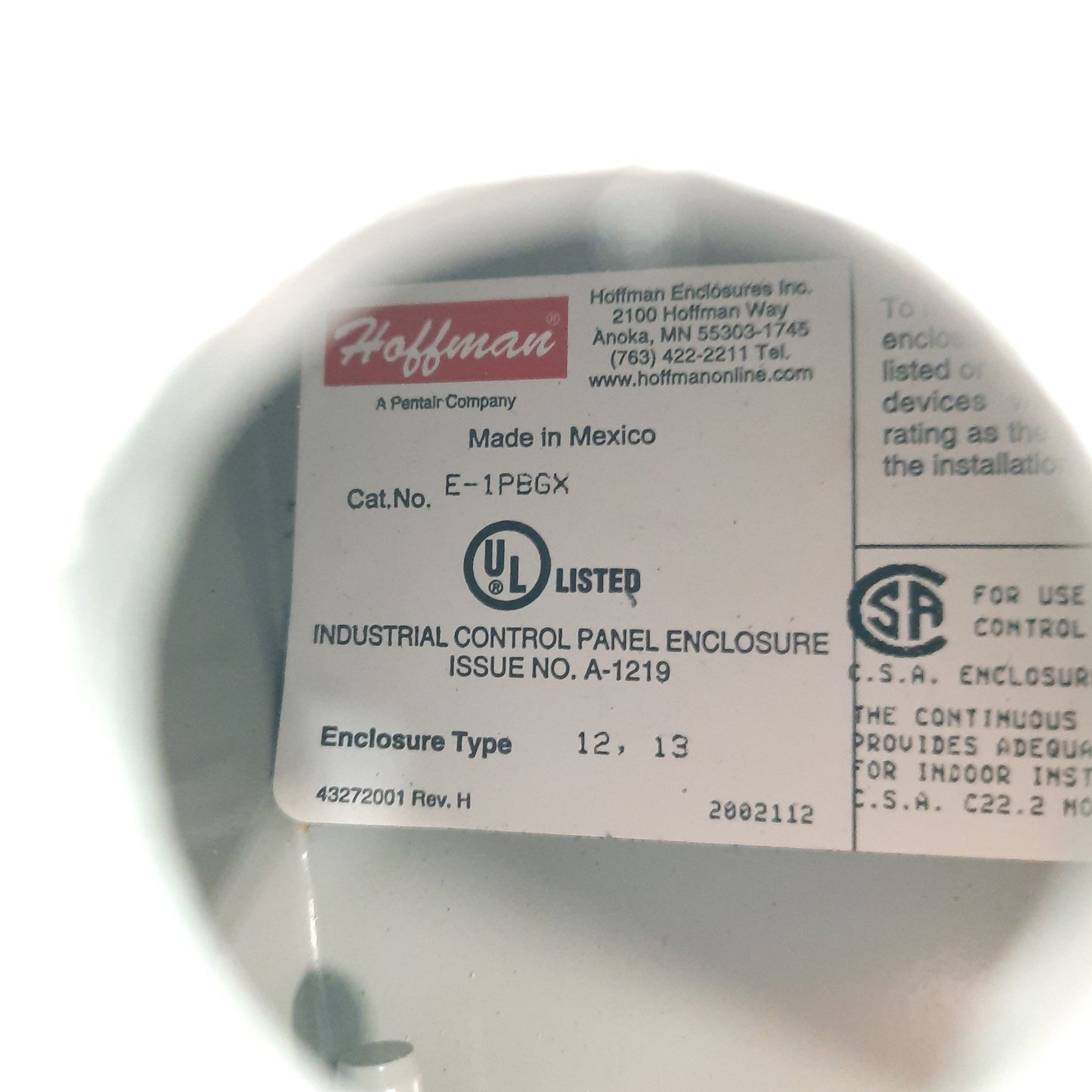 Used Hoffman E-1PBGX Gray Steel Pushbutton Enclosure, 3½ x 3¼ x 2¾", NEMA 12, *Hole*