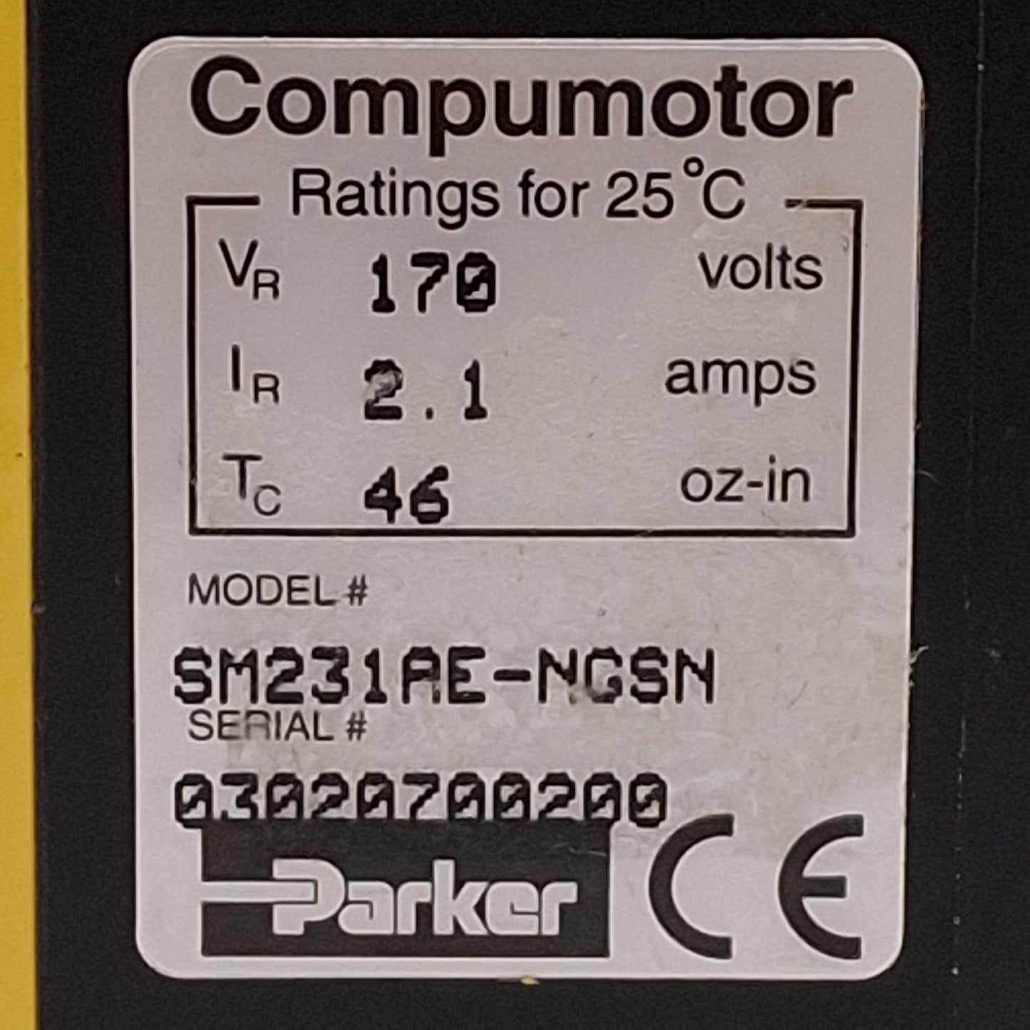 Used Parker SM231AE-NGSN Brushless Servo Motor 170V 7500RPM, NEMA 23, 1000ppr Encoder