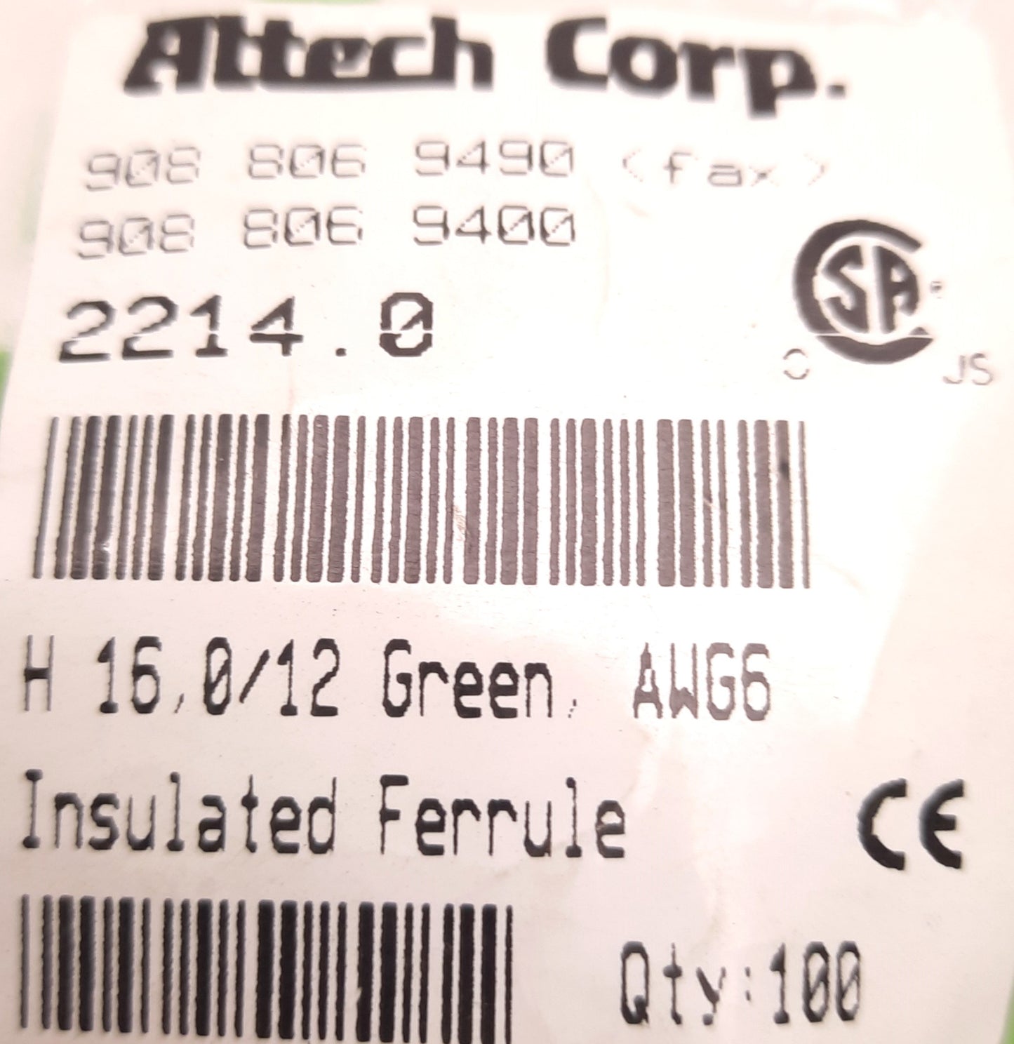 New Lot of 100 Altech Corp 2214.0 Green Insulated Ferrule, AWG 6, 0.47" Length