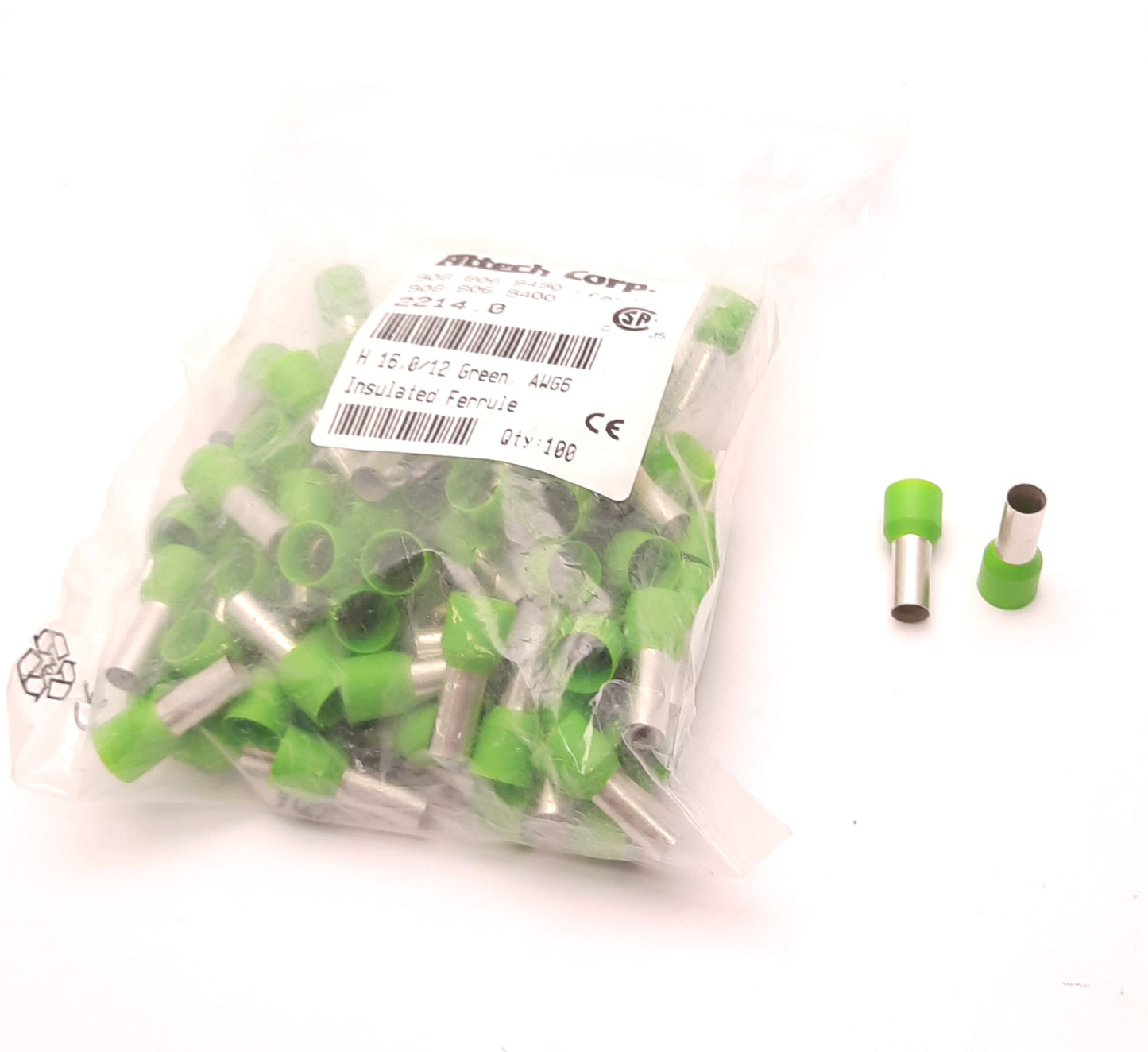 New Lot of 100 Altech Corp 2214.0 Green Insulated Ferrule, AWG 6, 0.47" Length