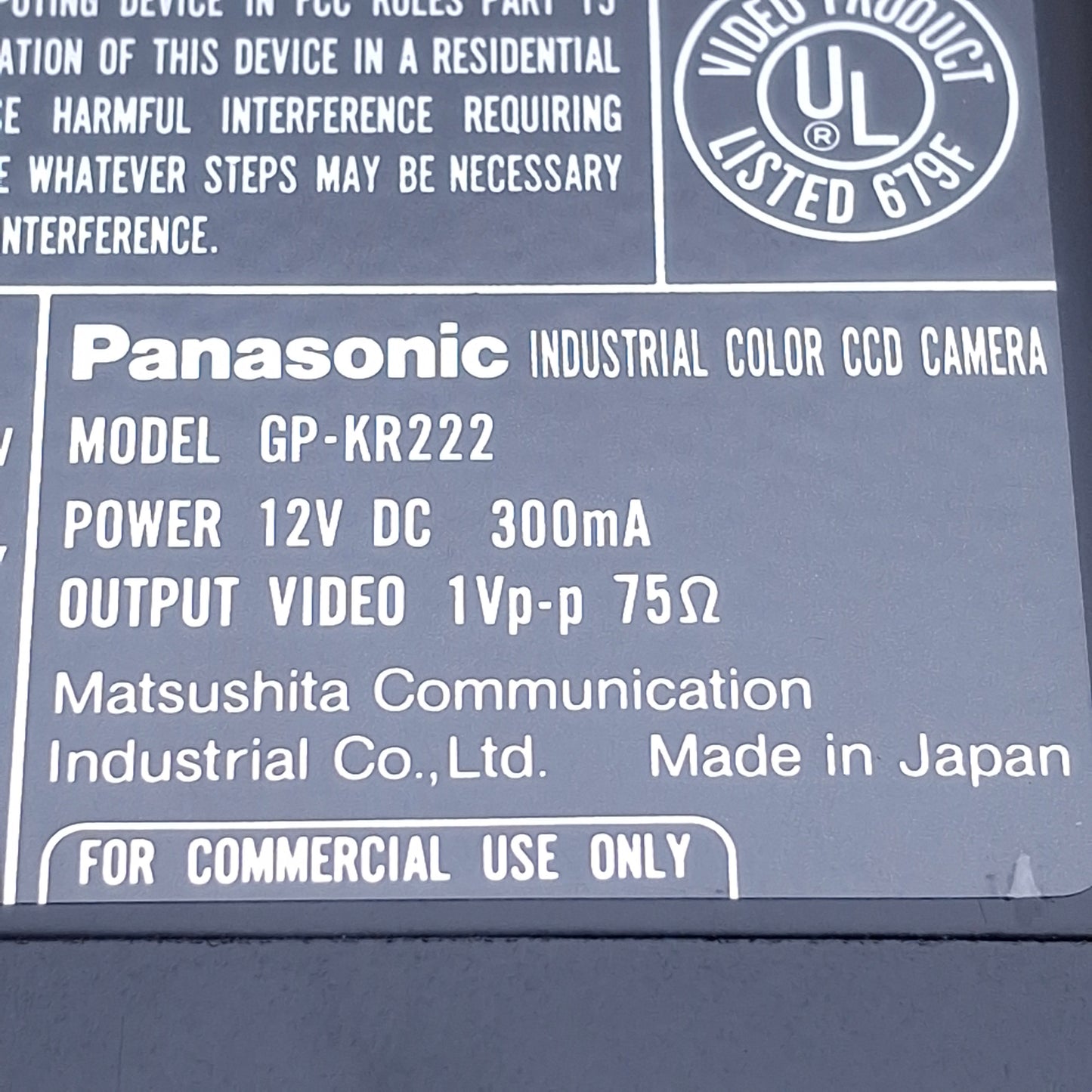 Used Panasonic GP-KR222 Industrial Digital 1/2" CCD Color Camera 12VDC, 768x494