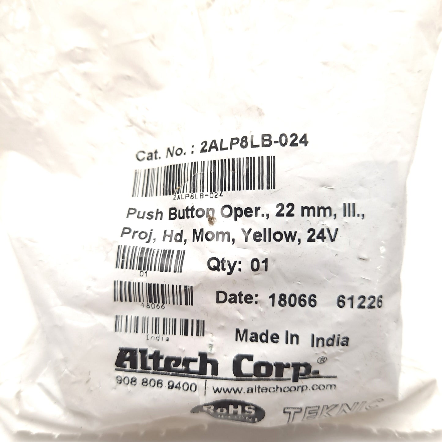 New Lot of 2 Altech Corp 2ALP8LB-024 LED Yellow Push Button Switch 24 VDC