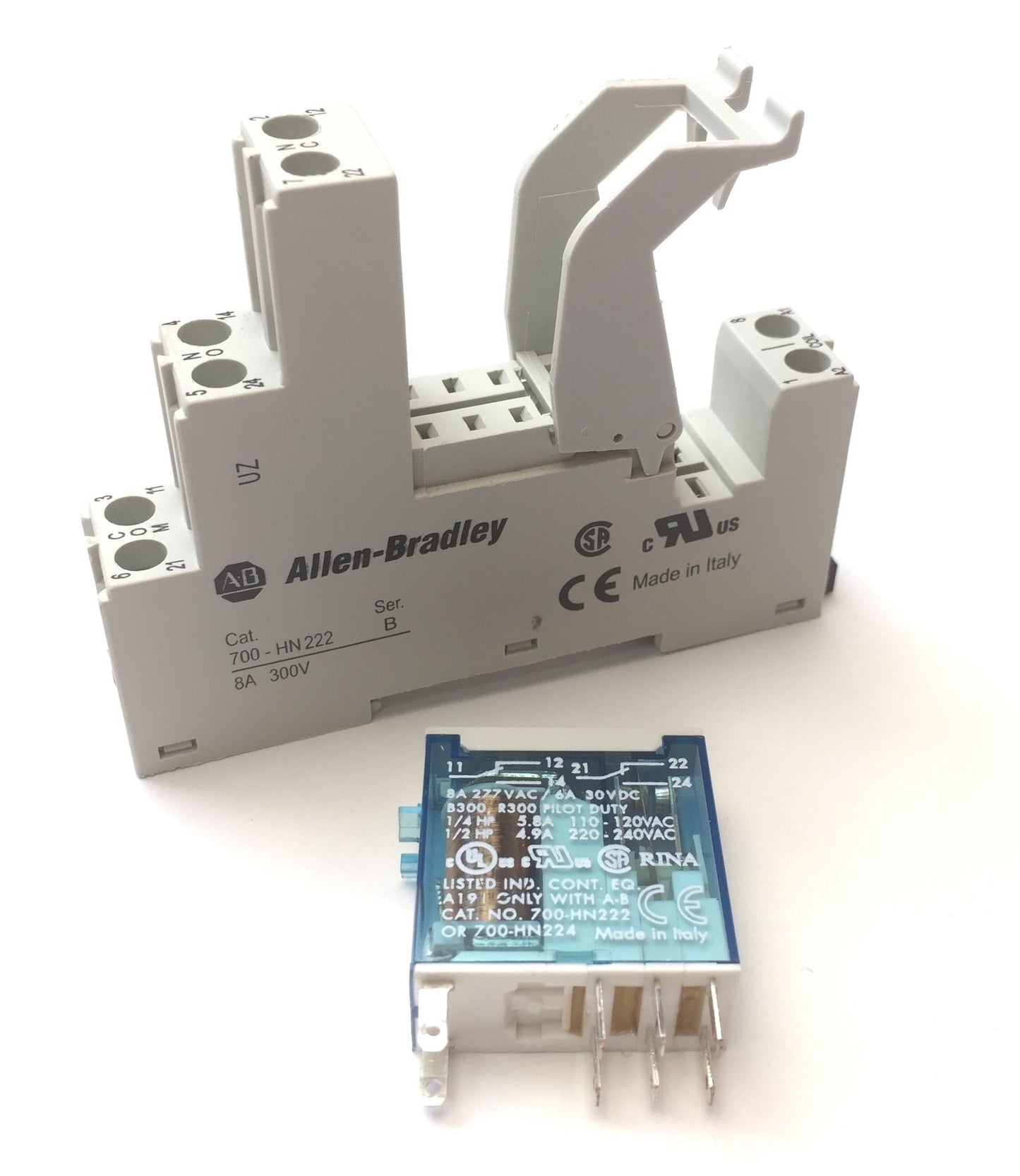 Used Lot of 2 Allen Bradley 700-HK32Z24 Ser B Relay & 700-HN222 Base, 2PDT 8A 24VDC
