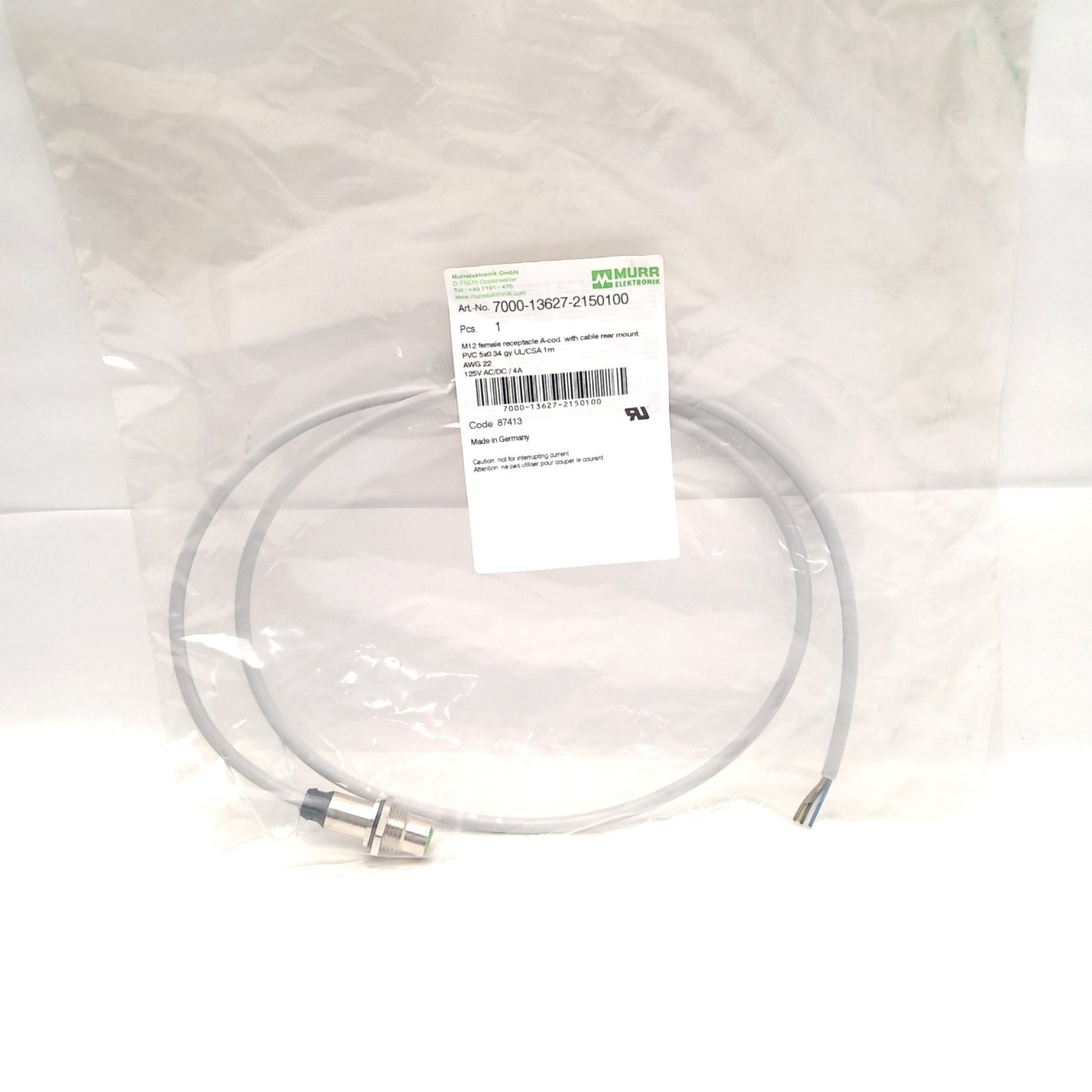 New Murr 7000-13627-2150100 Cable With M12 Female Connector to Flying Leads 1 Meter
