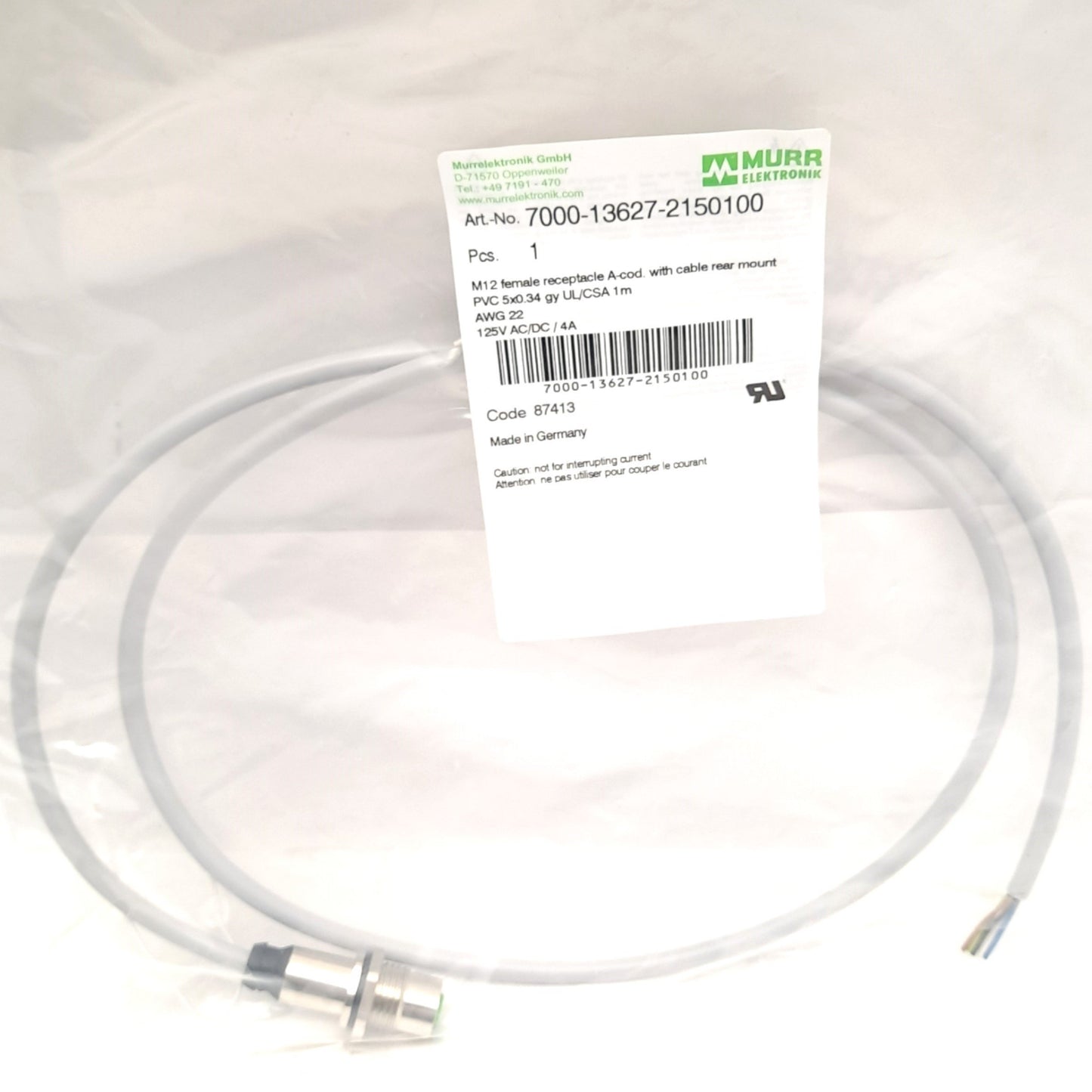 New Murr 7000-13627-2150100 Cable With M12 Female Connector to Flying Leads 1 Meter